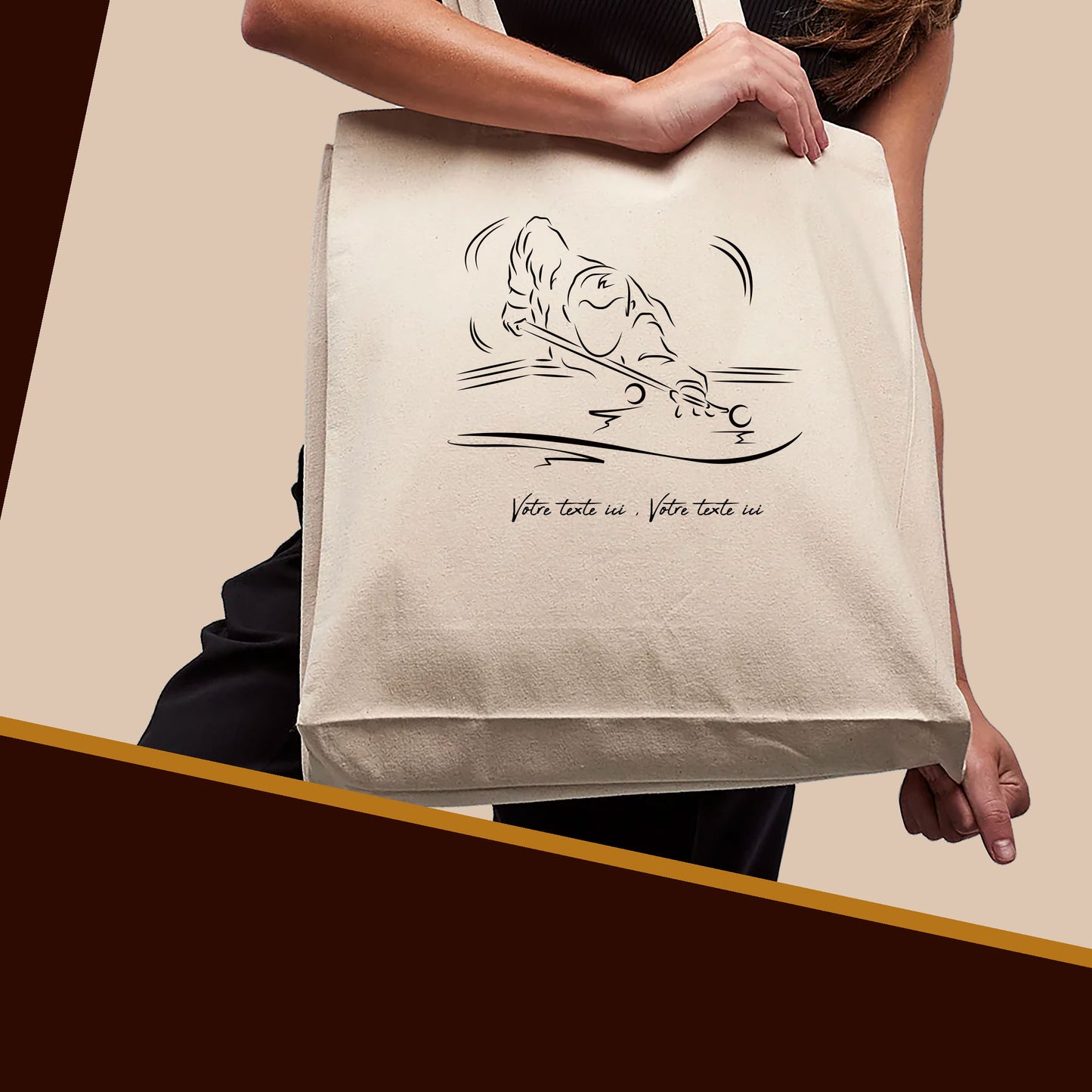 Graphisme joueur de billard sur sac cabas en toile tote-bag beige à personnaliser avec du texte. Création Virginie Linard ©.