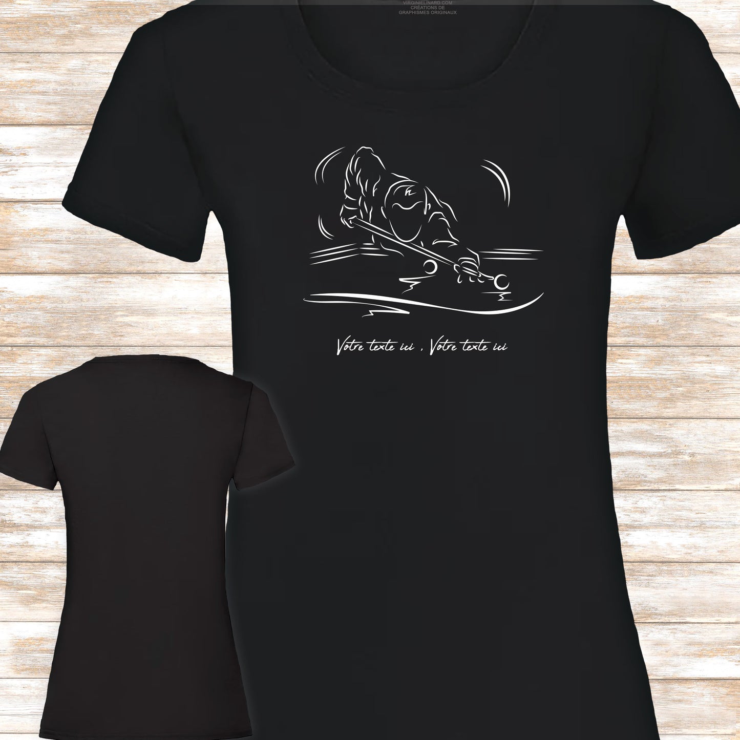 Graphisme joueur de billard sur t-shirt noir coupe femme à personnaliser avec un texte. Création Virginie Linard ©.
