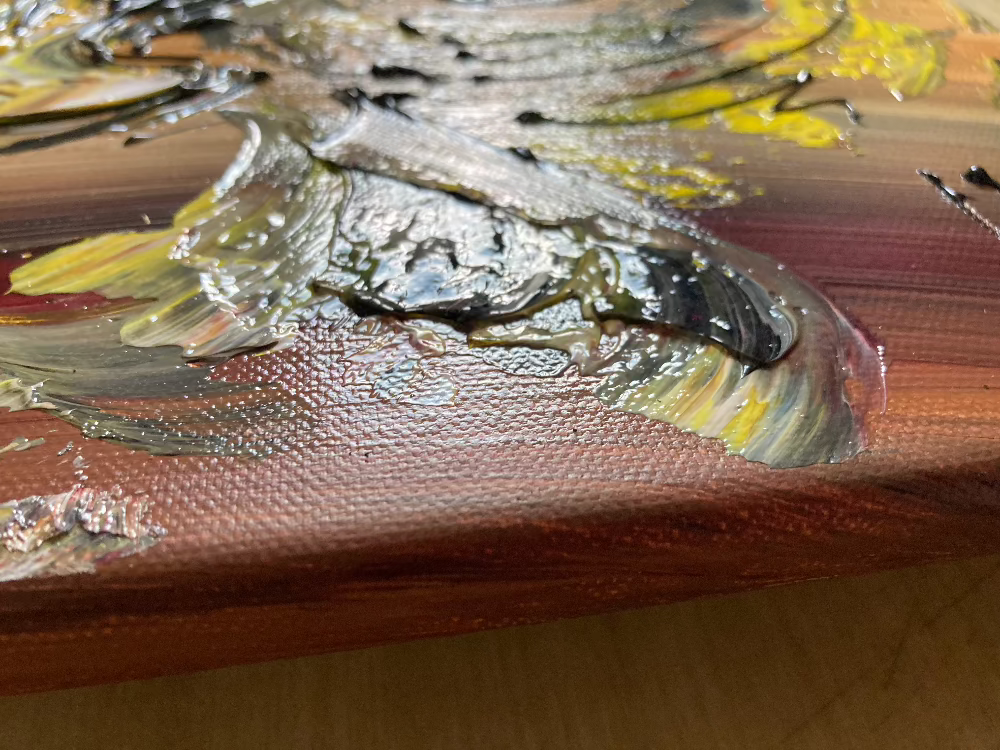 Tableau d'un musicien de basse, guitare électrique Peinture sur toile de musique Création Virginie Linard © détail6