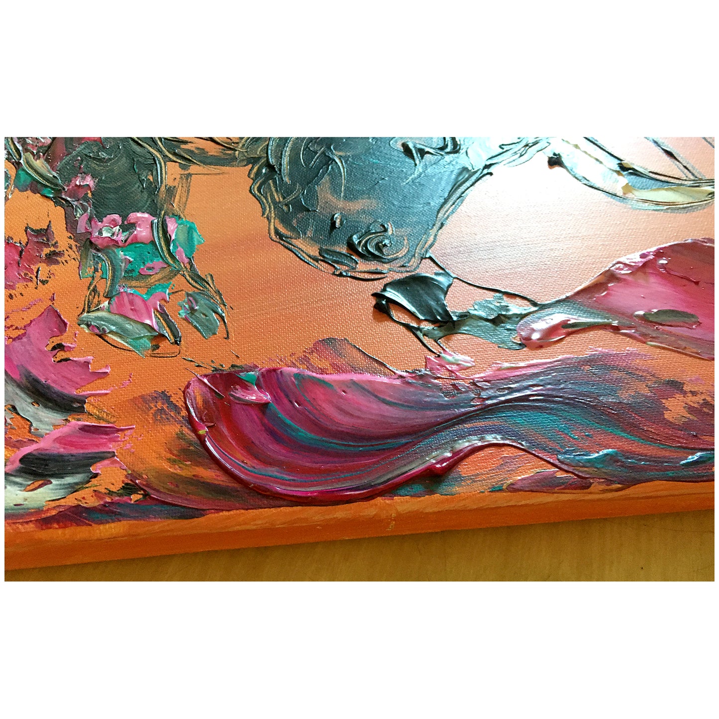 Tableau corrida, fond saumon torero habit bleu capuera rose et rouge format 50x61cm - détail 2