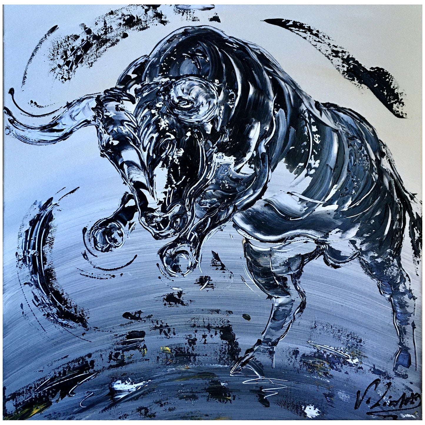 Taureau en noir & blanc, Peinture sur toile format 50x50cm, Tableau du peintre Virginie Linard ©