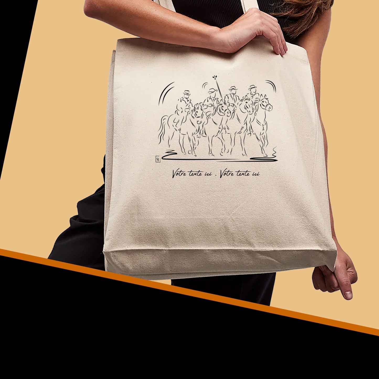 Graphisme Camargue Gardian et taureau sur sac cabas tote-bag beige. A personnaliser avec du texte. Création Virginie Linard ©.