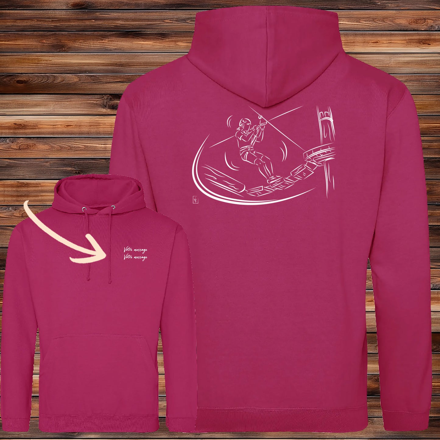 Sweat-shirt accrobranche rose personnalisable - Design exclusif parcours aventure Virginie Linard