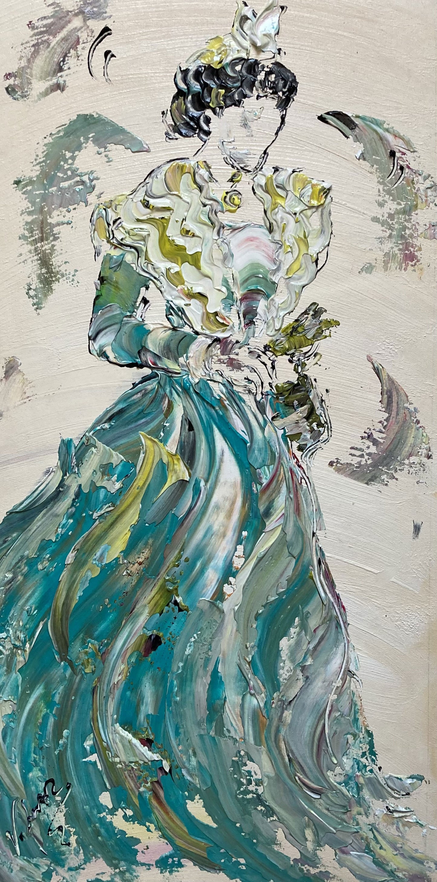 Arlésienne robe bleu vert Camargue . Tableau peinture sur toile 30x60cm. Création Virginie Linard ©.