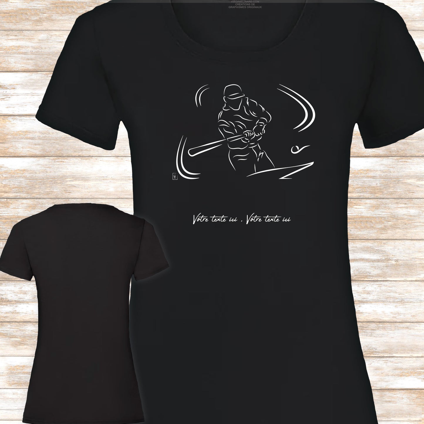 Graphisme joueur de baseball le lancé sur t-shirt à personnaliser avec un texte. Création Virginie Linard ©.