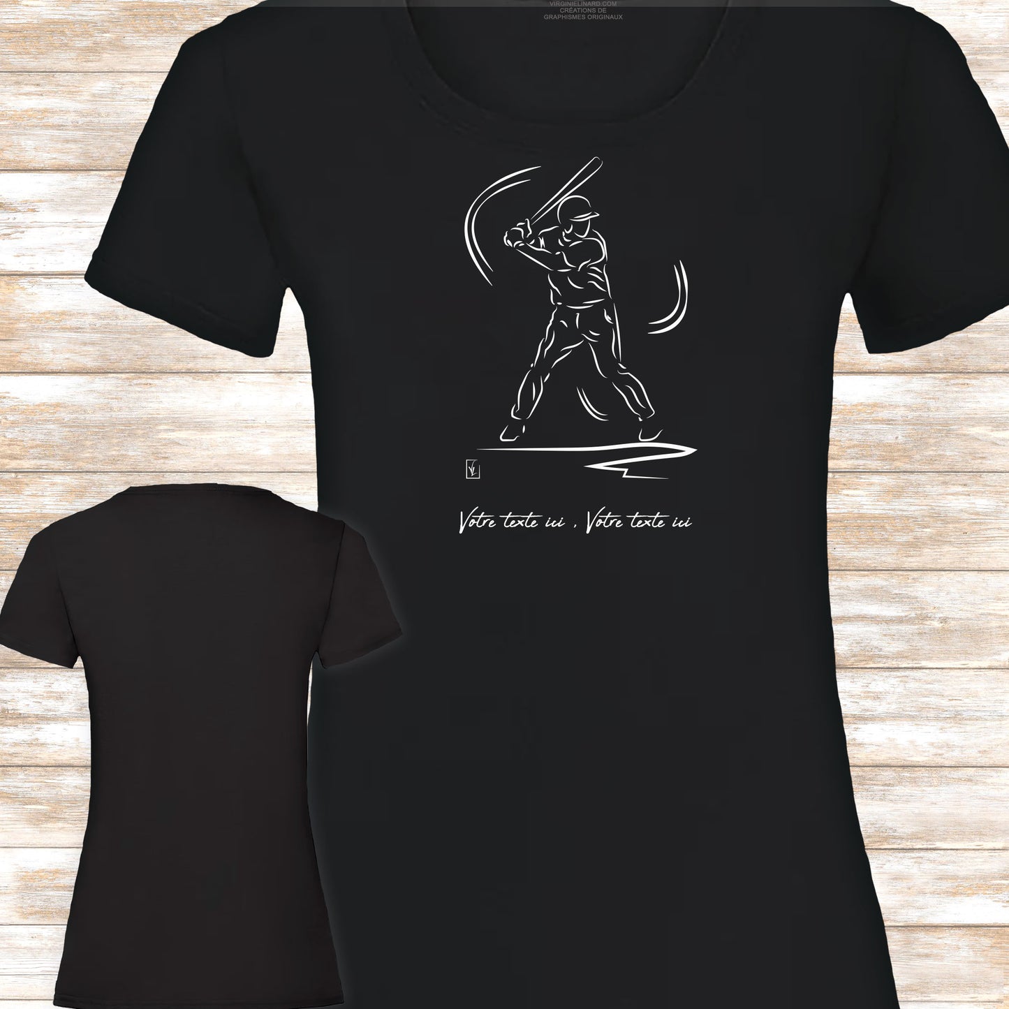 Graphisme joueur de baseball sur t-shirt à personnaliser avec un texte. Création Virginie Linard ©.