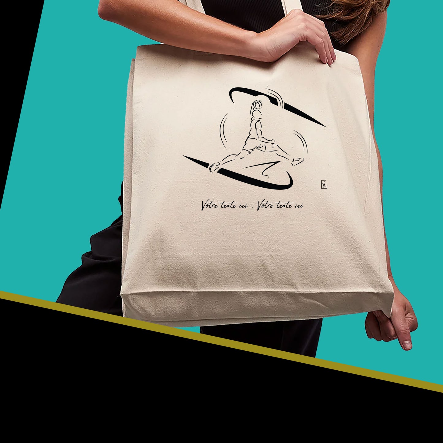 Graphisme joueur basket-ball joueur basketteur smash sur sac cabas en toile tote-bag beige à personnaliser avec du texte. Création Virginie Linard ©.