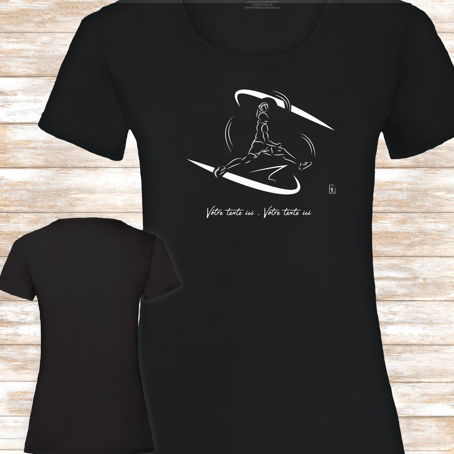 Graphisme joueur de basket-ball joueur basketteur smash sur t-shirt noir coupe femme à personnaliser avec un texte. Création Virginie Linard ©.