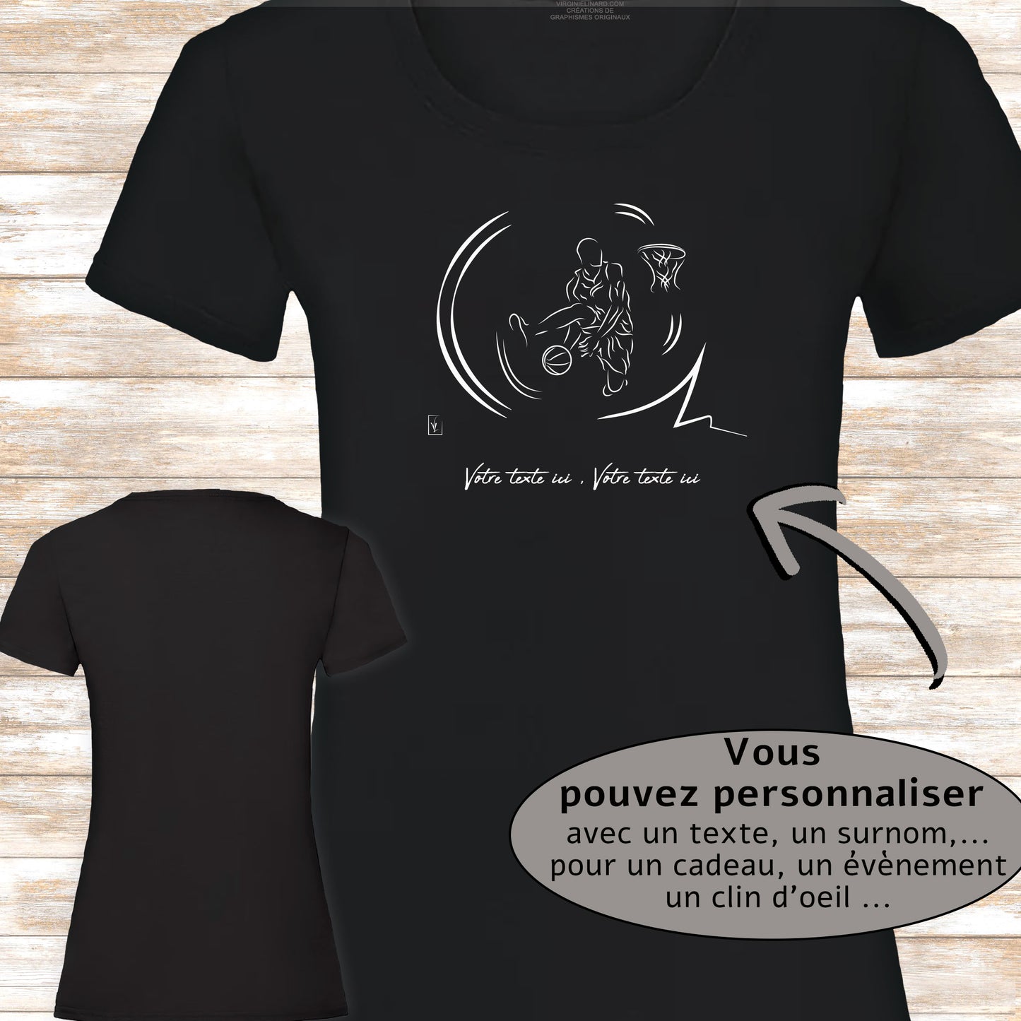 Graphisme joueur de basket-ball joueur basketteur smash sur t-shirt noir coupe femme à personnaliser avec un texte. Création Virginie Linard ©.