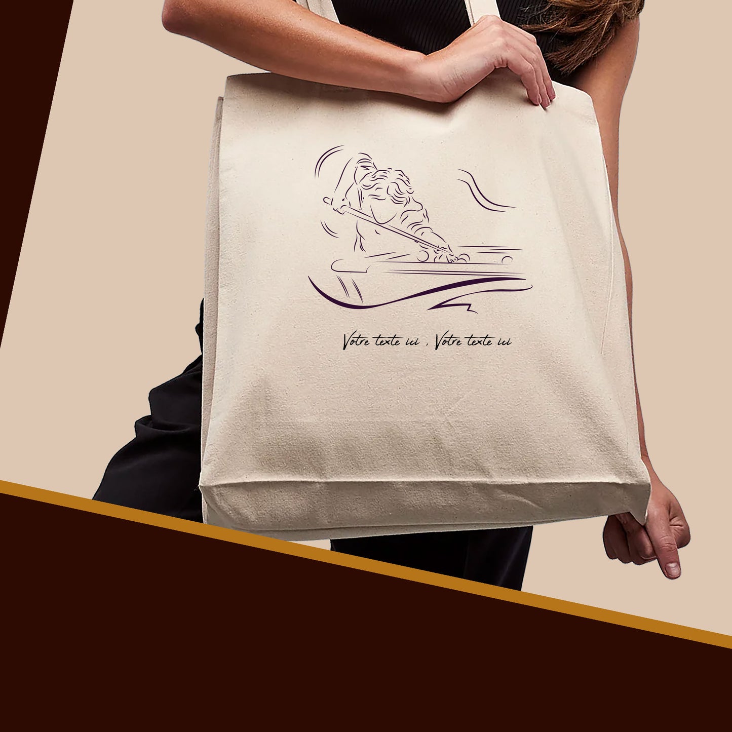 Graphisme joueur de billard sur sac cabas en toile tote-bag beige à personnaliser avec du texte. Création Virginie Linard ©.