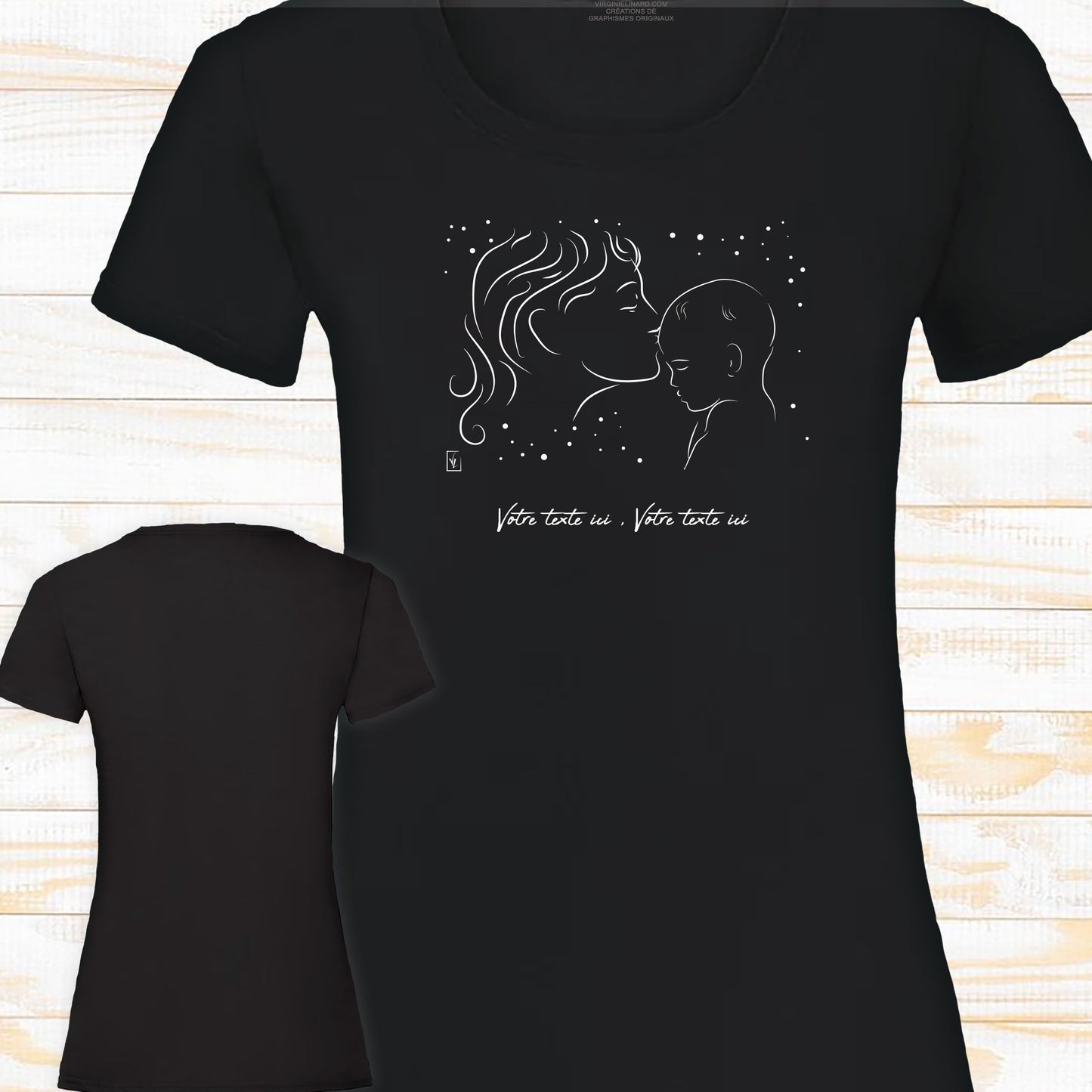 Graphisme bises câlin enfant mamie maman sur t-shirt à personnaliser avec un texte. Création Virginie Linard ©.