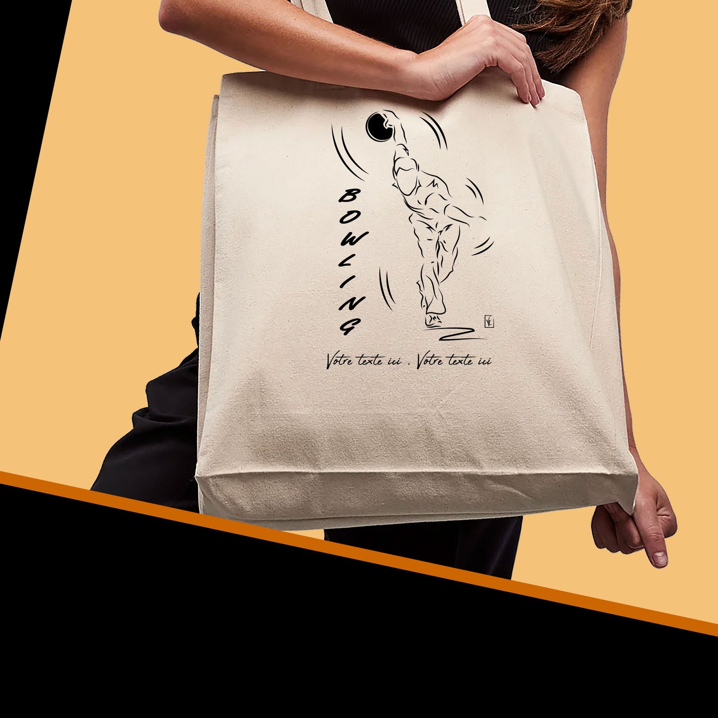 Graphisme joueur de bowling technique 3ème pas sur sac cabas en toile tote-bag beige à personnaliser avec du texte. Création Virginie Linard ©.