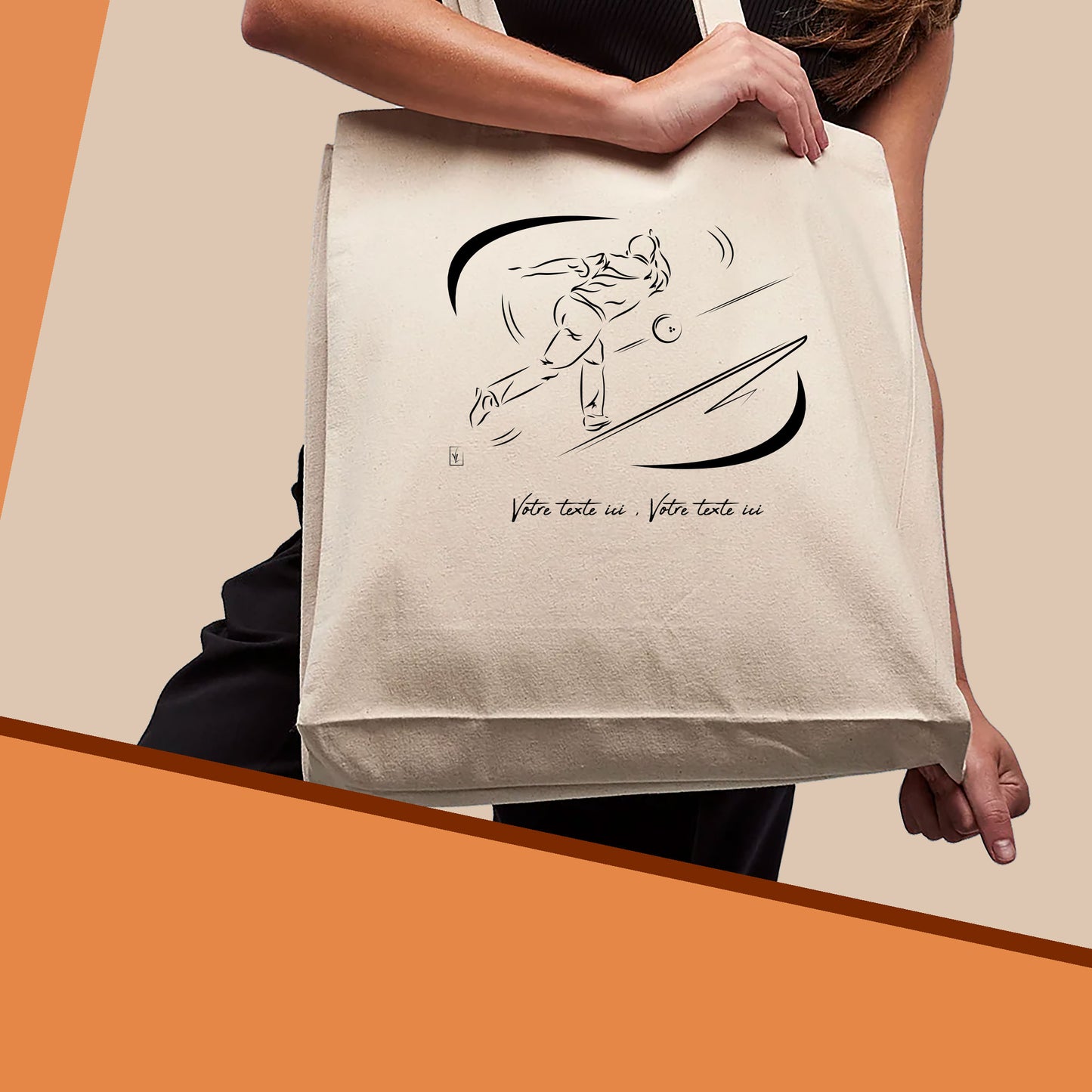 Graphisme joueur de bowling clean game sur sac cabas en toile tote-bag beige à personnaliser avec du texte. Création Virginie Linard ©.