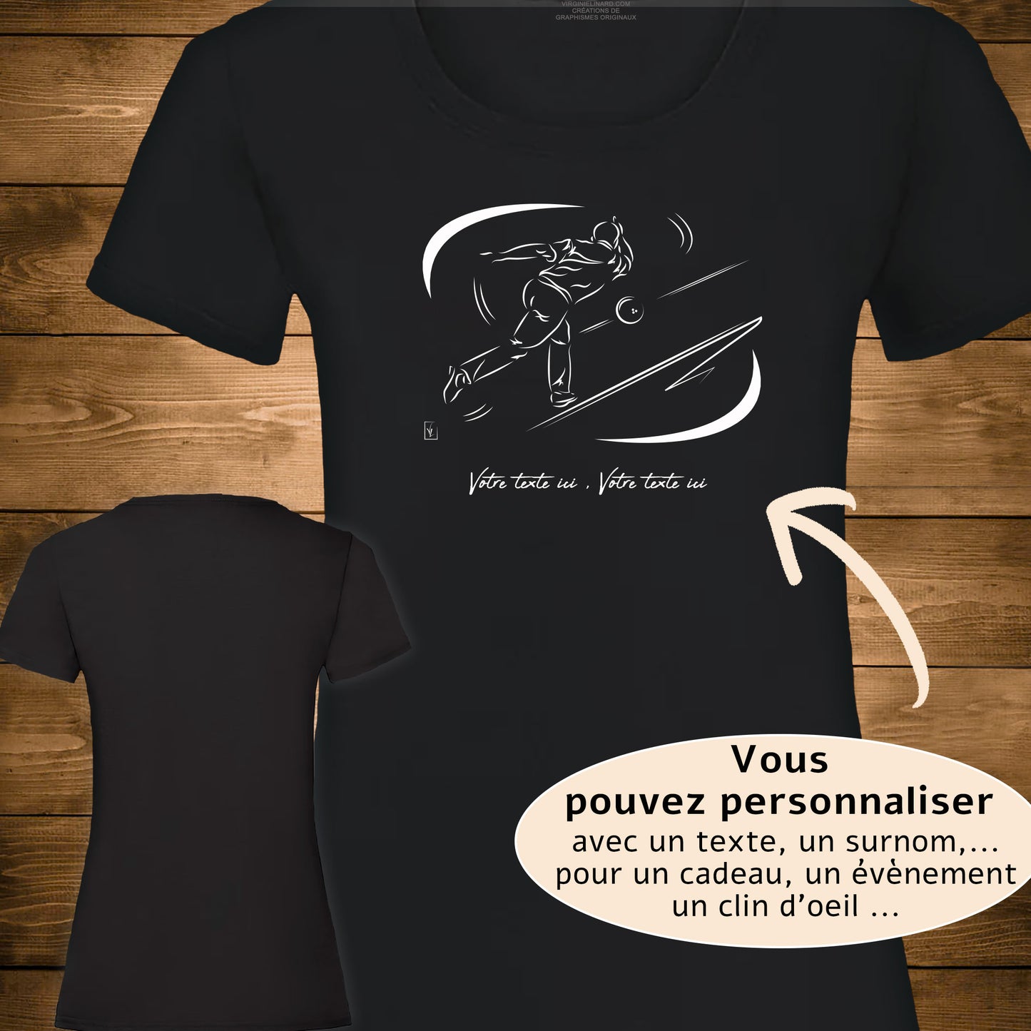 Graphisme joueur de bowling clean game sur t-shirt noir coupe femme à personnaliser avec un texte. Création Virginie Linard ©.