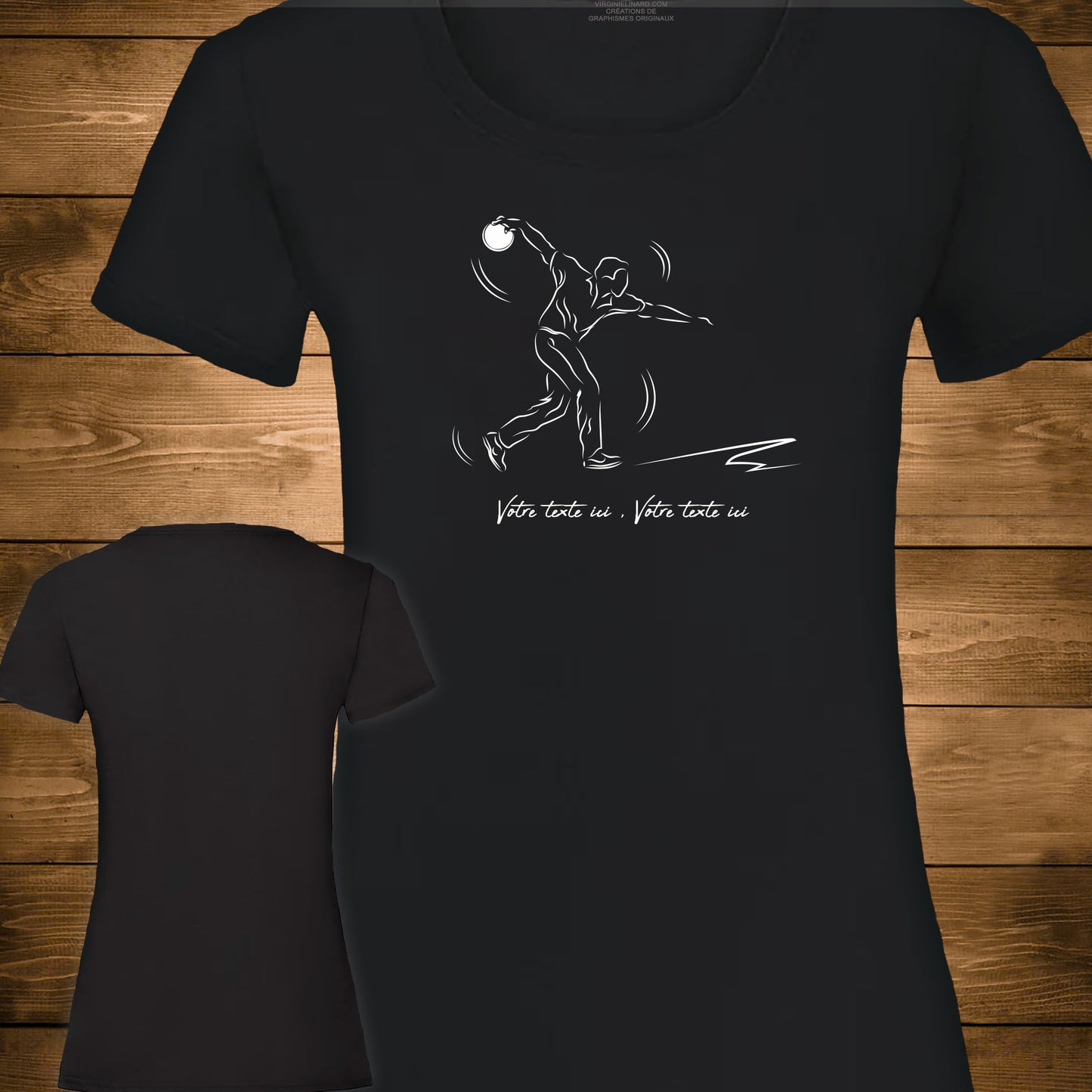 Graphisme joueur de bowling technique la course sur t-shirt noir coupe femme à personnaliser avec du texte. Création Virginie Linard ©.