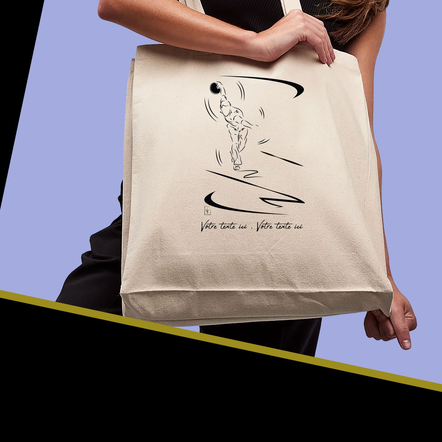 Graphisme joueur de bowling sur sac cabas en toile tote-bag beige à personnaliser avec du texte. Création Virginie Linard ©.