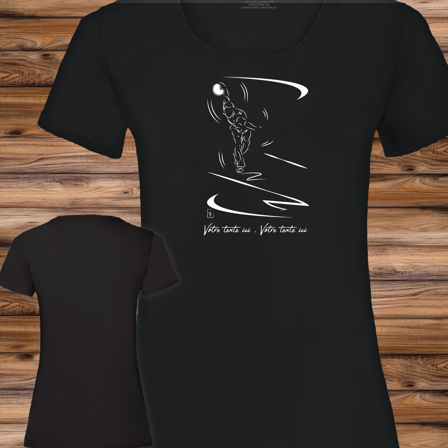 Graphisme joueur de bowling back-up sur t-shirt noir coupe femme à personnaliser avec du texte. Création Virginie Linard ©.