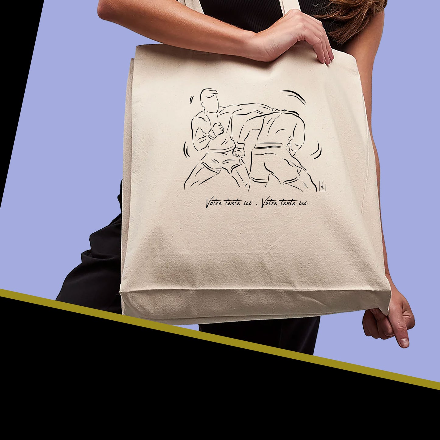 Graphisme Boxe MMA Sport de combat sur sac cabas en toile tote-bag beige à personnaliser avec du texte. Création Virginie Linard ©.