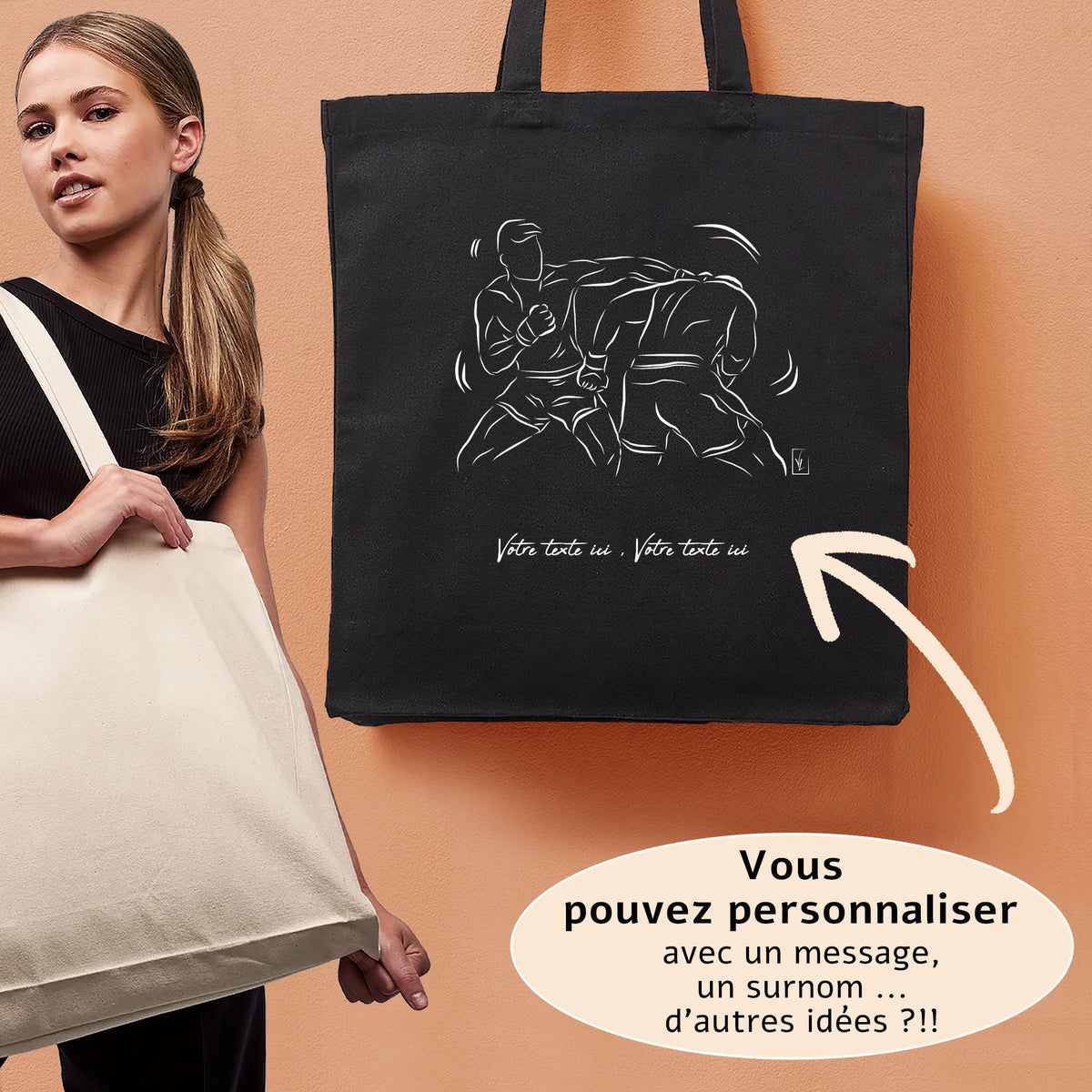 Graphisme Boxe MMA Sport de combat sur sac cabas en toile tote-bag noir à personnaliser avec du texte. Création Virginie Linard ©.