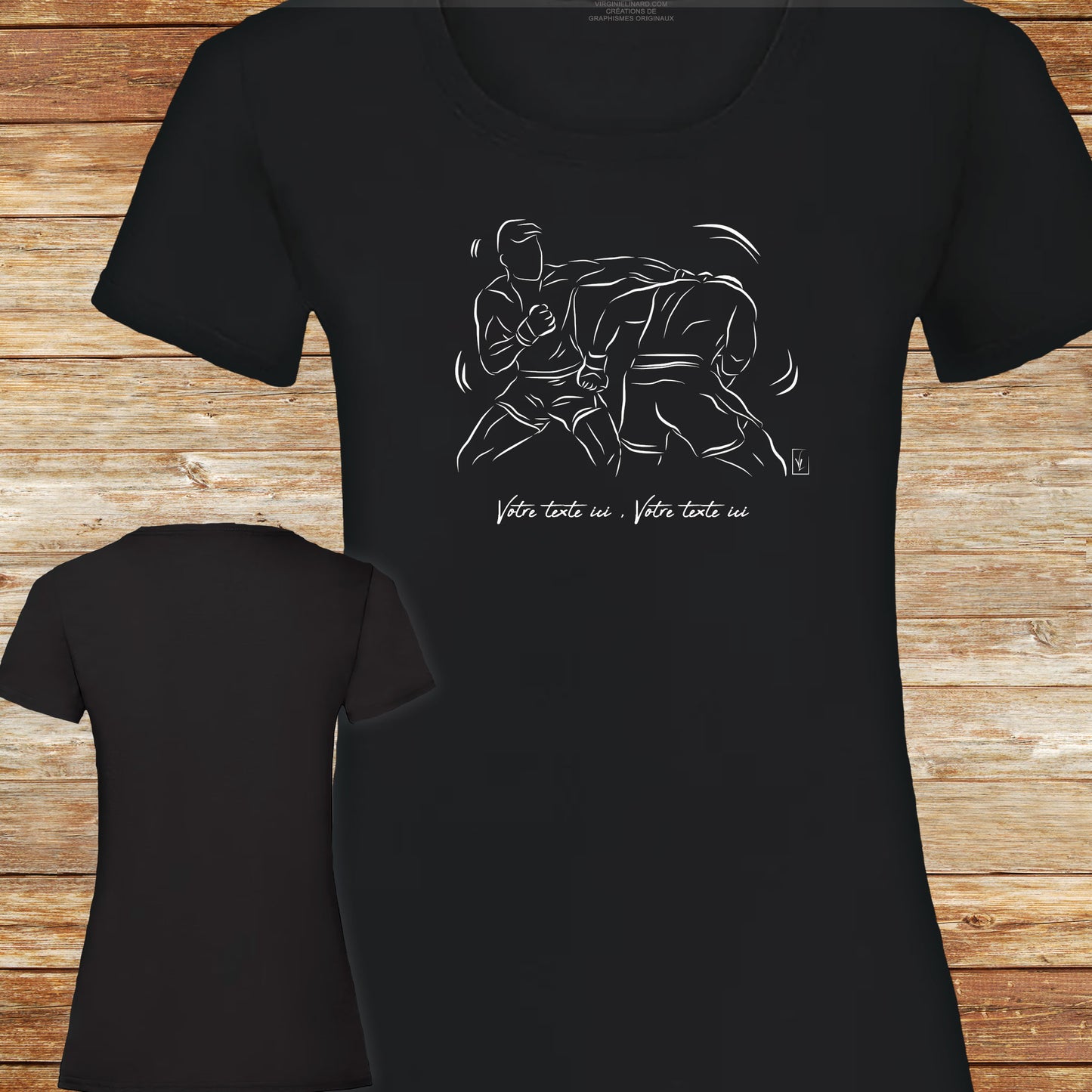Graphisme boxe MMA Sport de combat sur t-shirt noir coupe femme à personnaliser avec du texte. Création Virginie Linard ©.