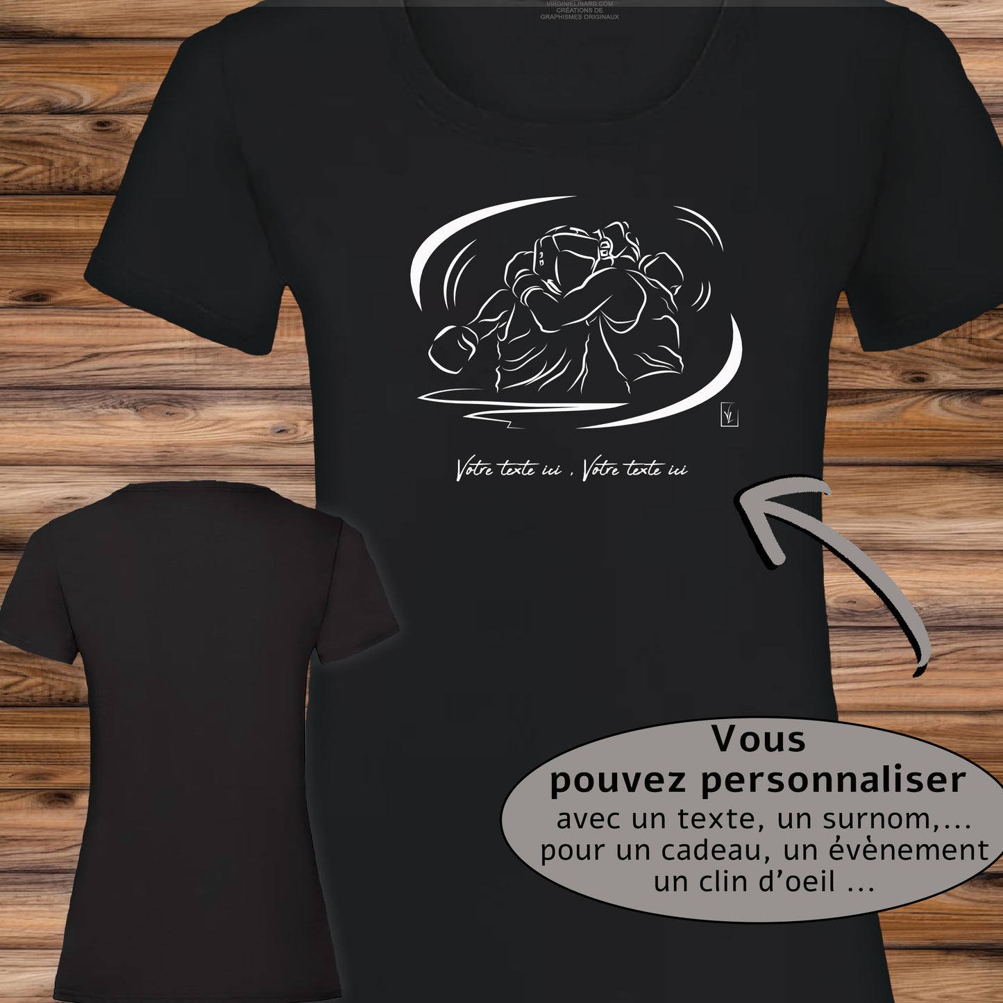 Graphisme boxe sport de combat sur t-shirt noir coupe femme à personnaliser avec du texte. Création Virginie Linard ©.