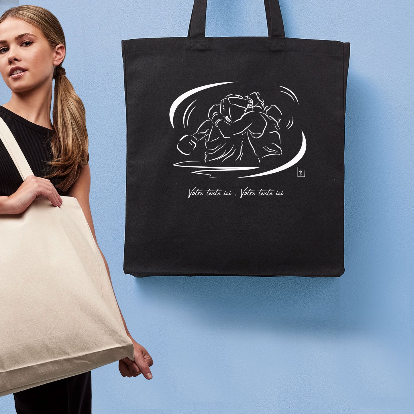 Graphisme Boxe sport de combat sur sac cabas en toile tote-bag noir à personnaliser avec du texte. Création Virginie Linard ©.