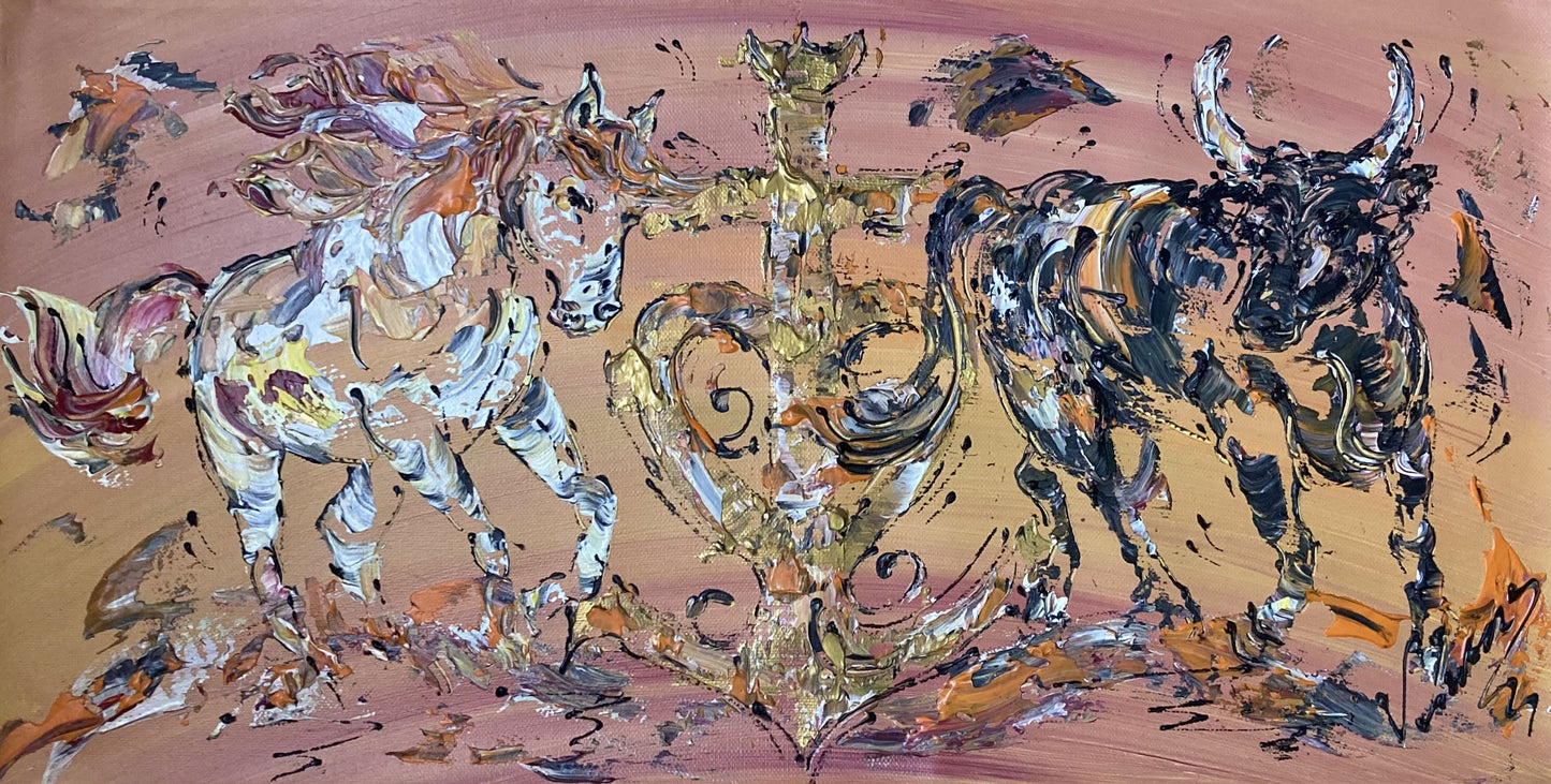Tableau Croix de Camargue, Cheval et Taureau. Peinture Originale sur toile. Format 30x60cm. Création Virginie Linard ©.