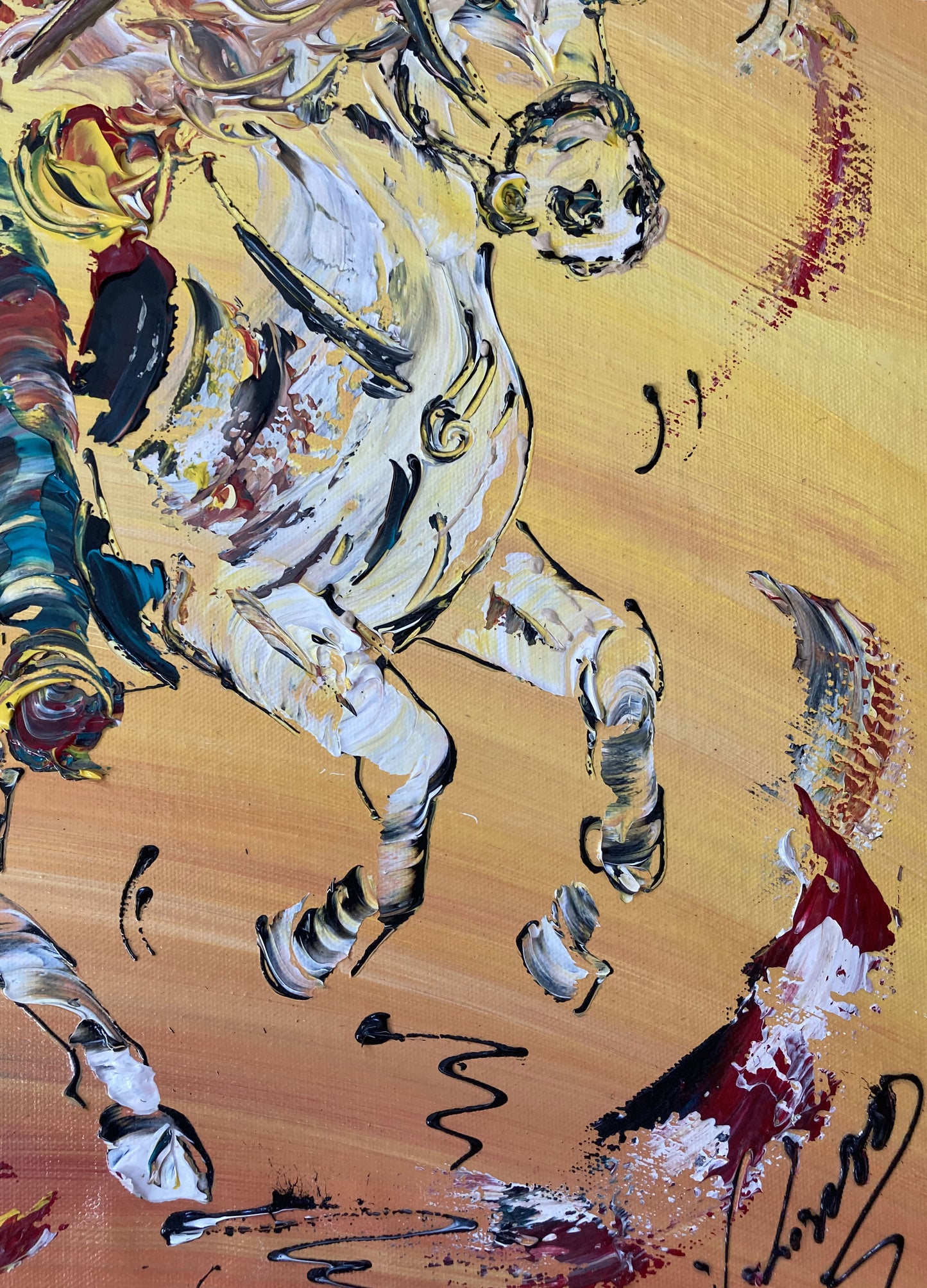 Tableau Camargue Manade Gardian Taureaux tradition, Peinture sur toile format 60x60cm. Détail4. Création Virginie Linard ©.