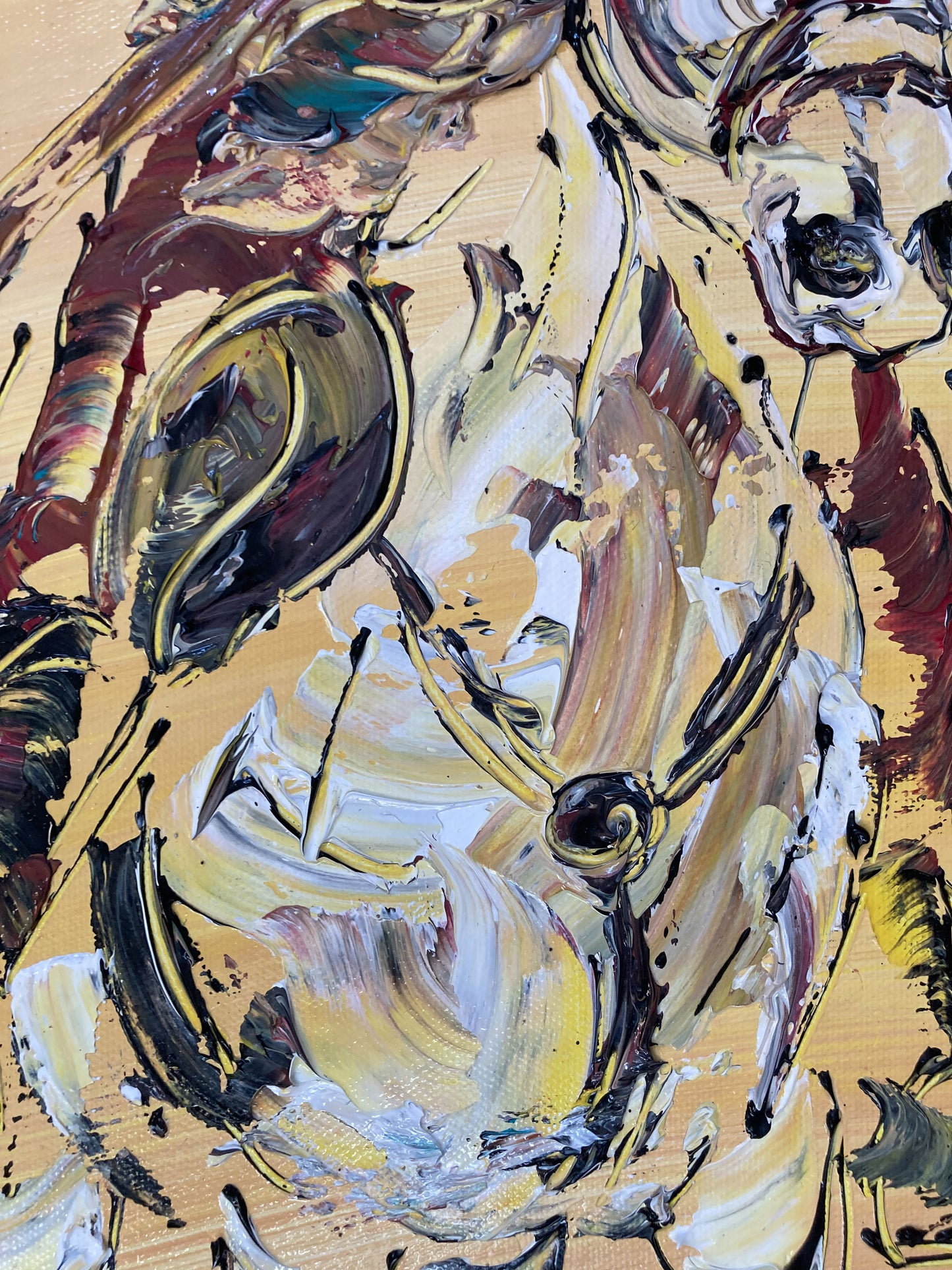 Tableau Camargue Manade Gardian Taureaux tradition, Peinture sur toile format 60x80cm. Détail5. Création Virginie Linard ©.