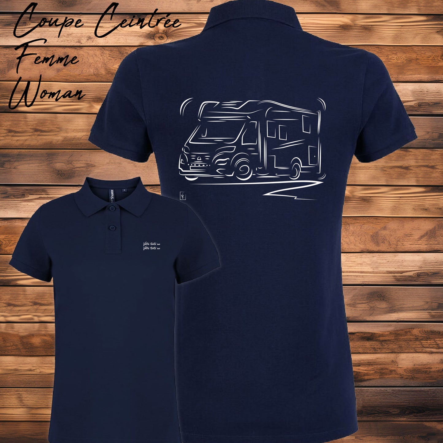 Polo Camping-Car bleu femme personnalisable - Graphisme exclusif Virginie Linard