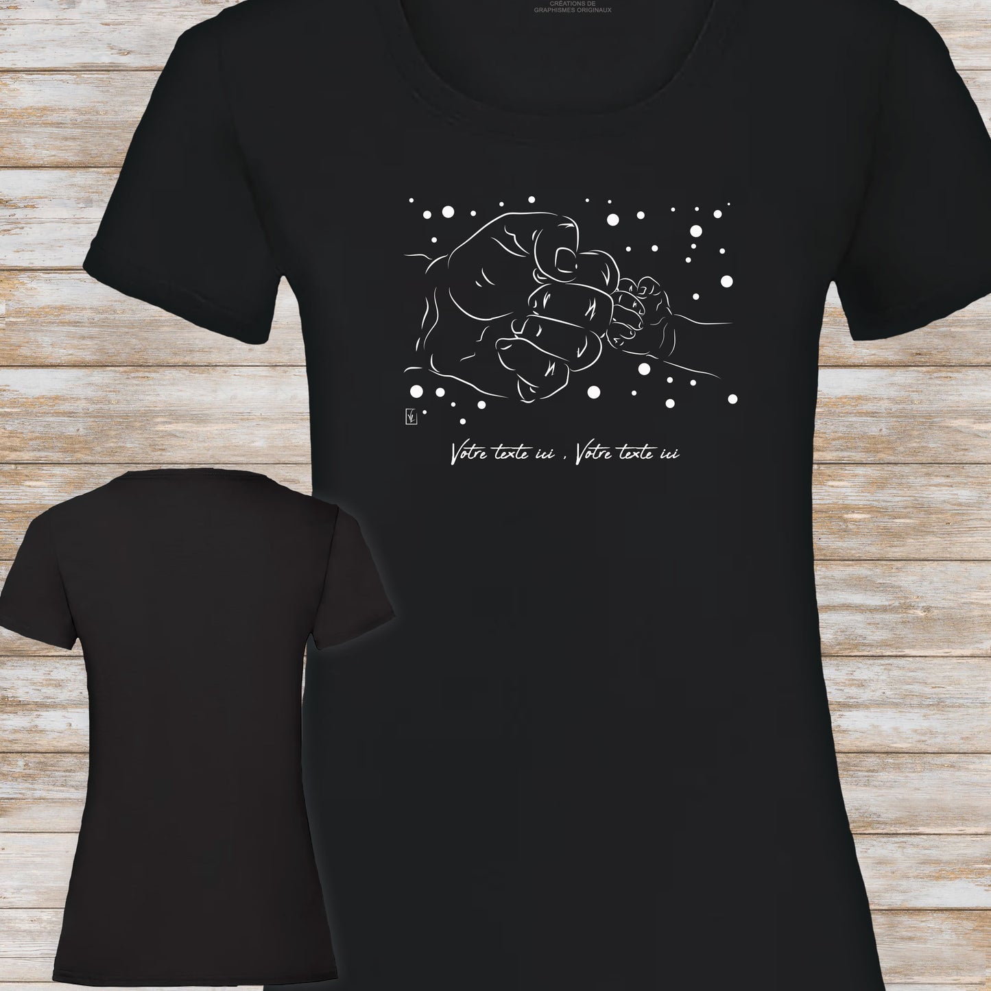 Graphisme Poing contre poing check mains enfant adulte sur t-shirt à personnaliser avec du texte. Création Virginie Linard ©.