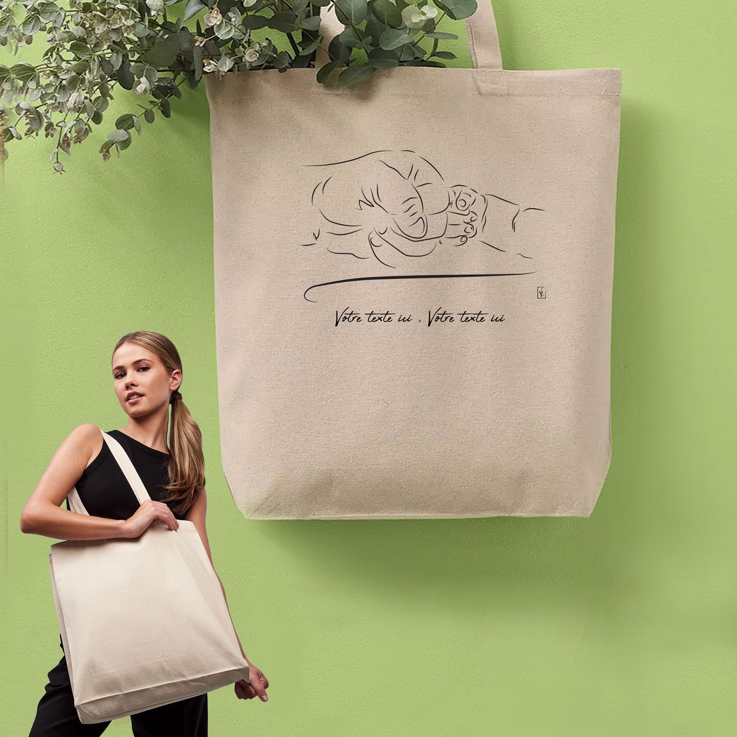 Graphisme check mains enfant adulte poing contre poing sur sac cabas en toile tote bag à personnaliser avec du texte. Création Virginie Linard ©.