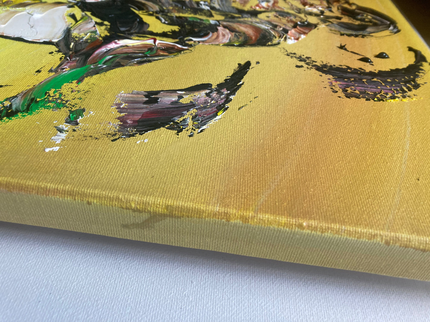 Tableau d'une scène de saut d'obstacle d'un cheval peinture sur toile d'équitation de Virginie Linard © détail5