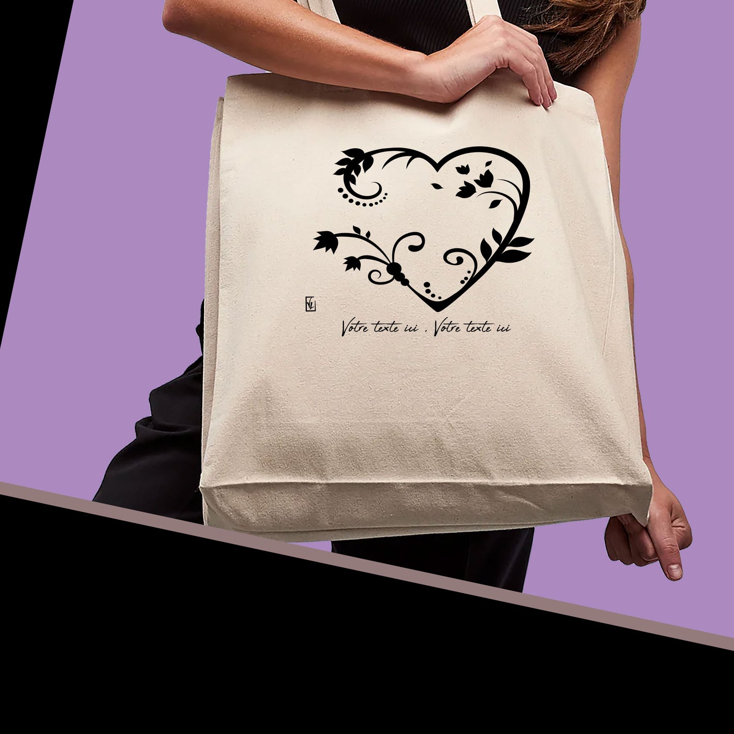 Graphisme cœur de fleurs à personnaliser avec un texte sur sac cabas beige, création Virginie Linard ©.