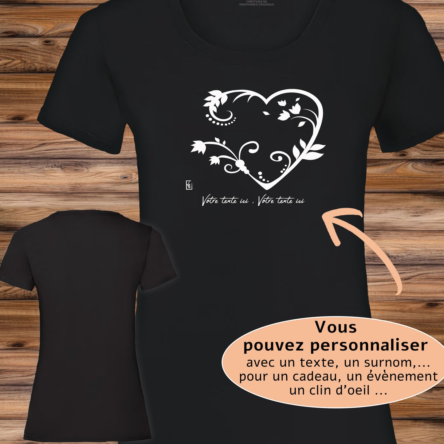 Graphisme Cœur de fleurs sur t-shirt, création Virginie Linard ©.