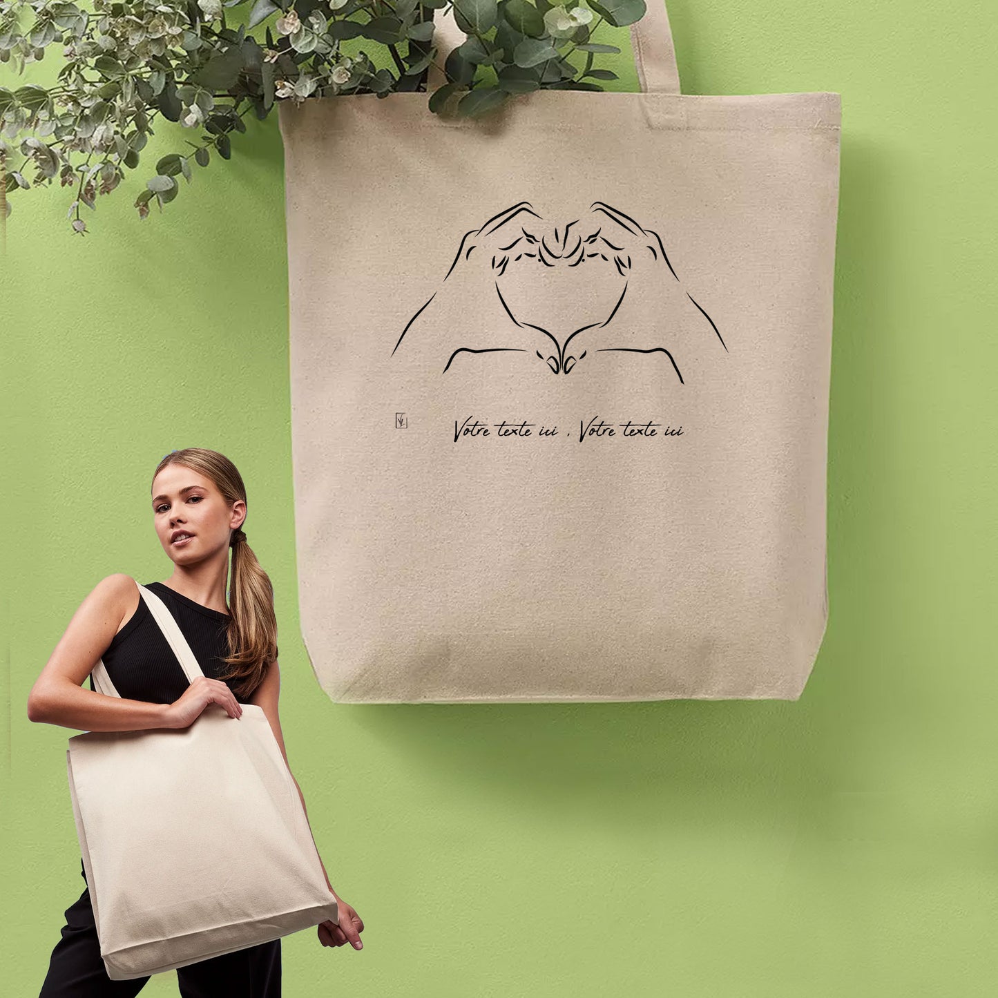 Graphisme Cœur avec les mains, mains en cœur Graphisme sur sac cabas en toile tote-bag à personnaliser avec du texte. Création Virginie Linard ©.