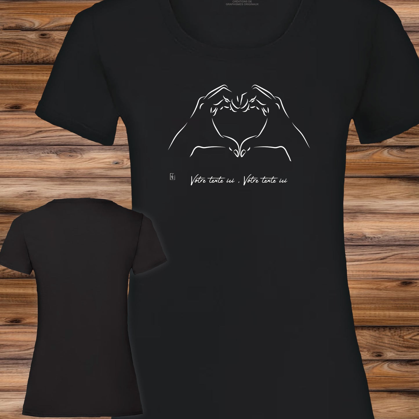 Graphisme Cœur avec les mains, mains en cœur sur t-shirt à personnaliser avec du texte. Création Virginie Linard ©.