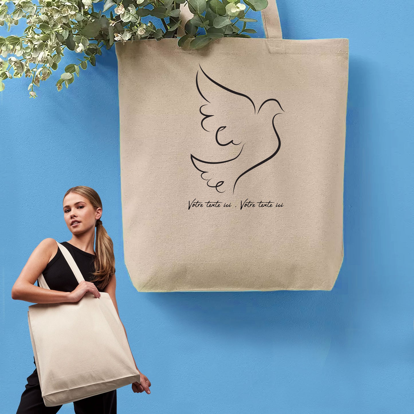 Graphisme esquisse colombe oiseau liberté sur sac cabas en toile tote-bag à personnaliser avec du texte. Création Virginie Linard ©.
