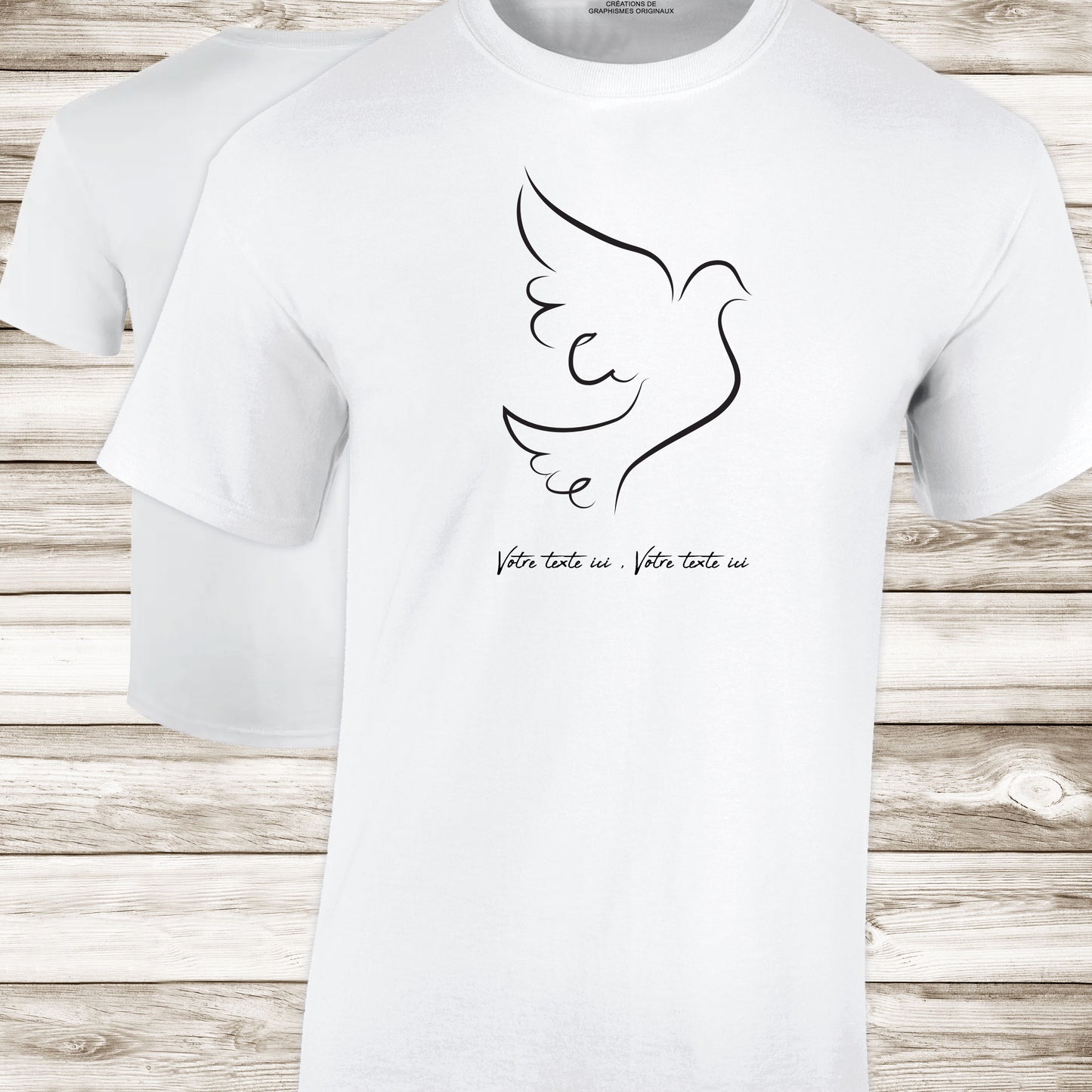 Graphisme esquisse colombe oiseau liberté sur t-shirt à personnaliser avec un texte. Création Virginie Linard ©.
