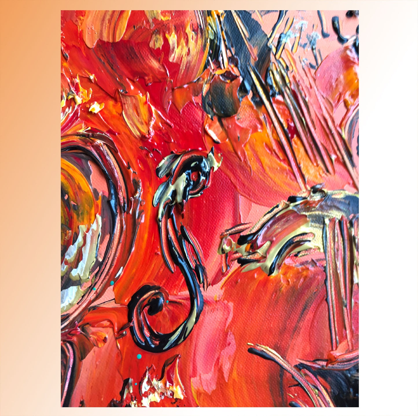 Détail d'une contrebasse d'une peinture sur toile du peintre Virginie Linard ©