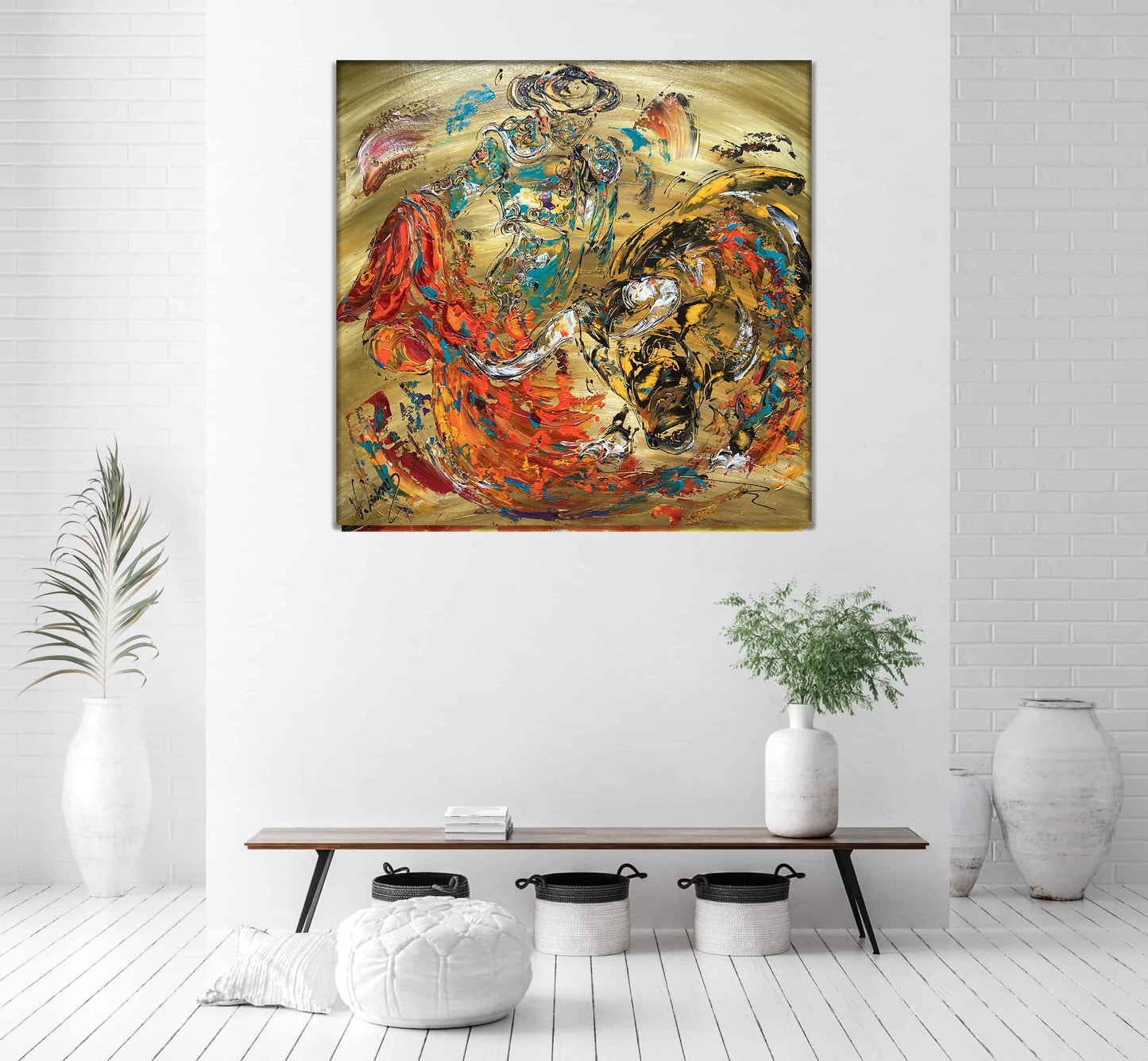 Tableau Corrida Tauromachie taureau toréro. Peinture grand format 80x80cm. Original Virginie Linard.