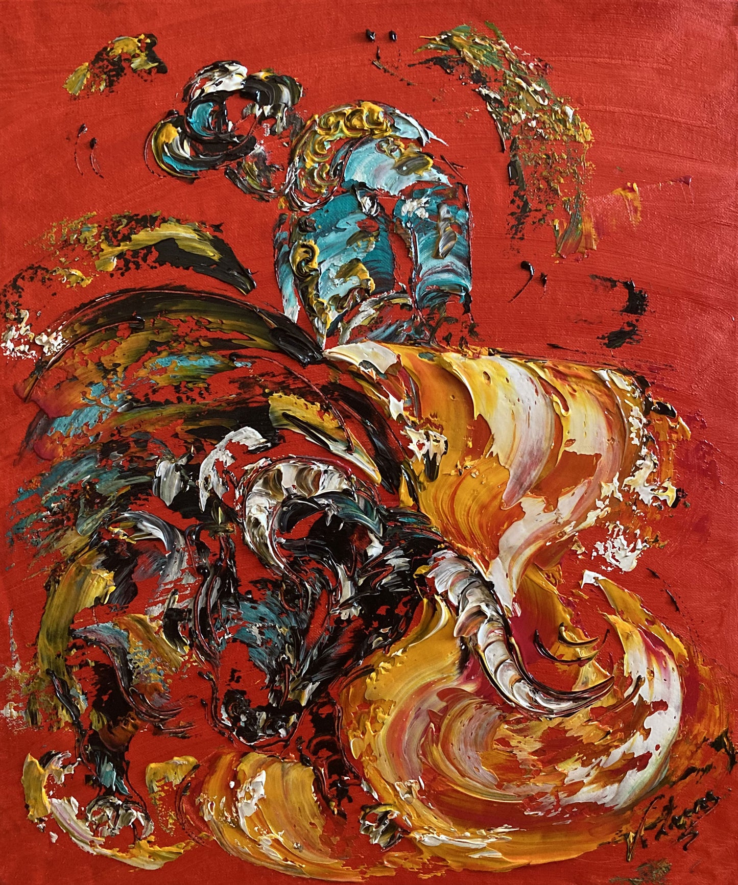 Tableau d'une scène de corrida , le fond est rouge, avec un toréro turquoise et un taureau qui fonce sur la cape jaune, peinture sur toile de 55x46cm du peintre Virginie Linard ©.