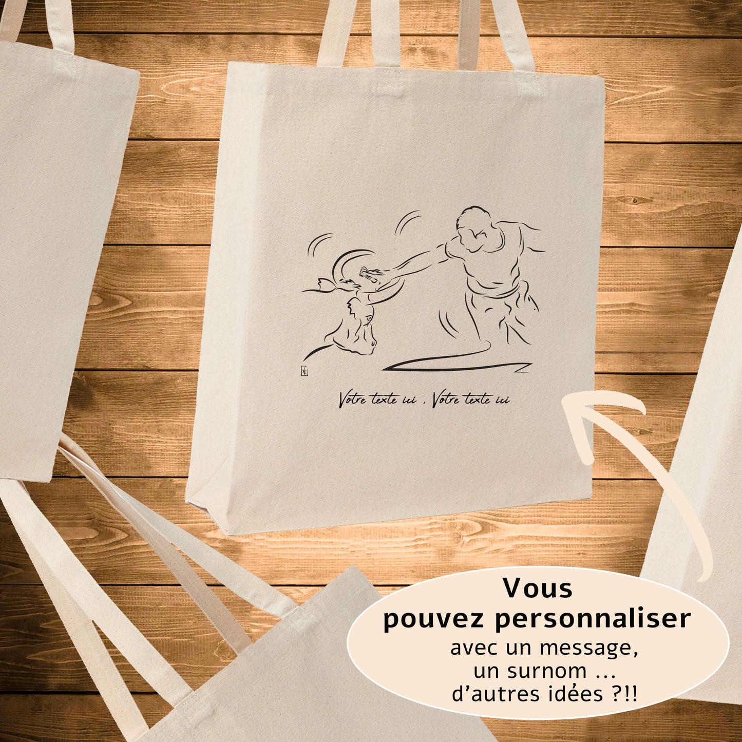 Course Camarguaise, raseteur et taureau vachette Graphisme sur sac tote-bag beige à personnaliser avec un texte. Création Virginie Linard ©.