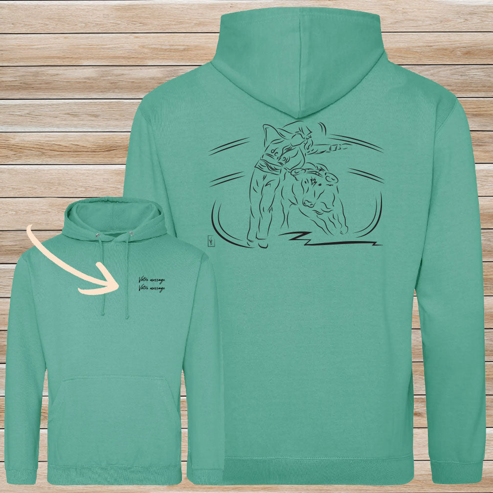 Course Landaise, écarteur et vache sauvage Graphisme sur Sweat-shirt 280g unisexe vert à personnaliser avec du texte. Création Virginie Linard ©.