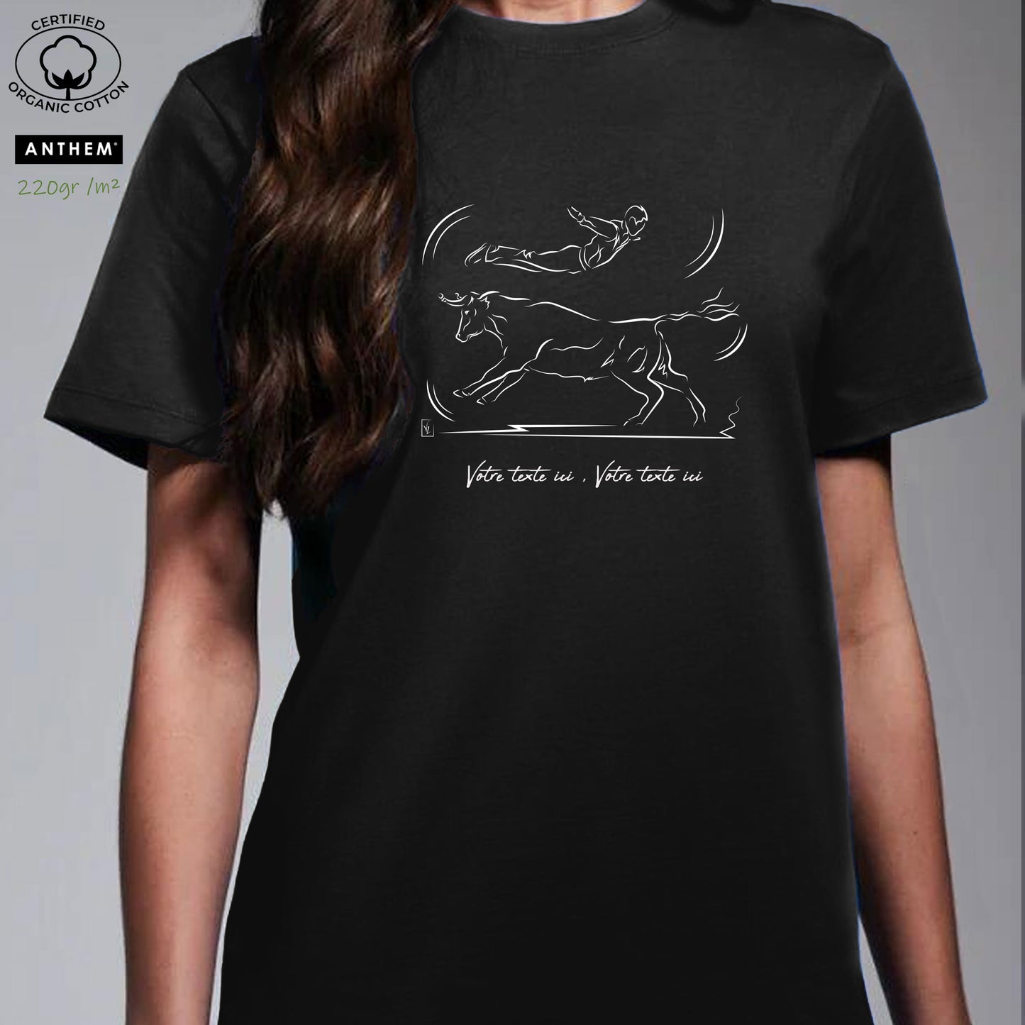 Course Landaise , sauteur et taureau vache sauvage Graphisme sur T-shirt biologique épais 220g unisexe noir à personnaliser avec du texte. Création Virginie Linard ©.