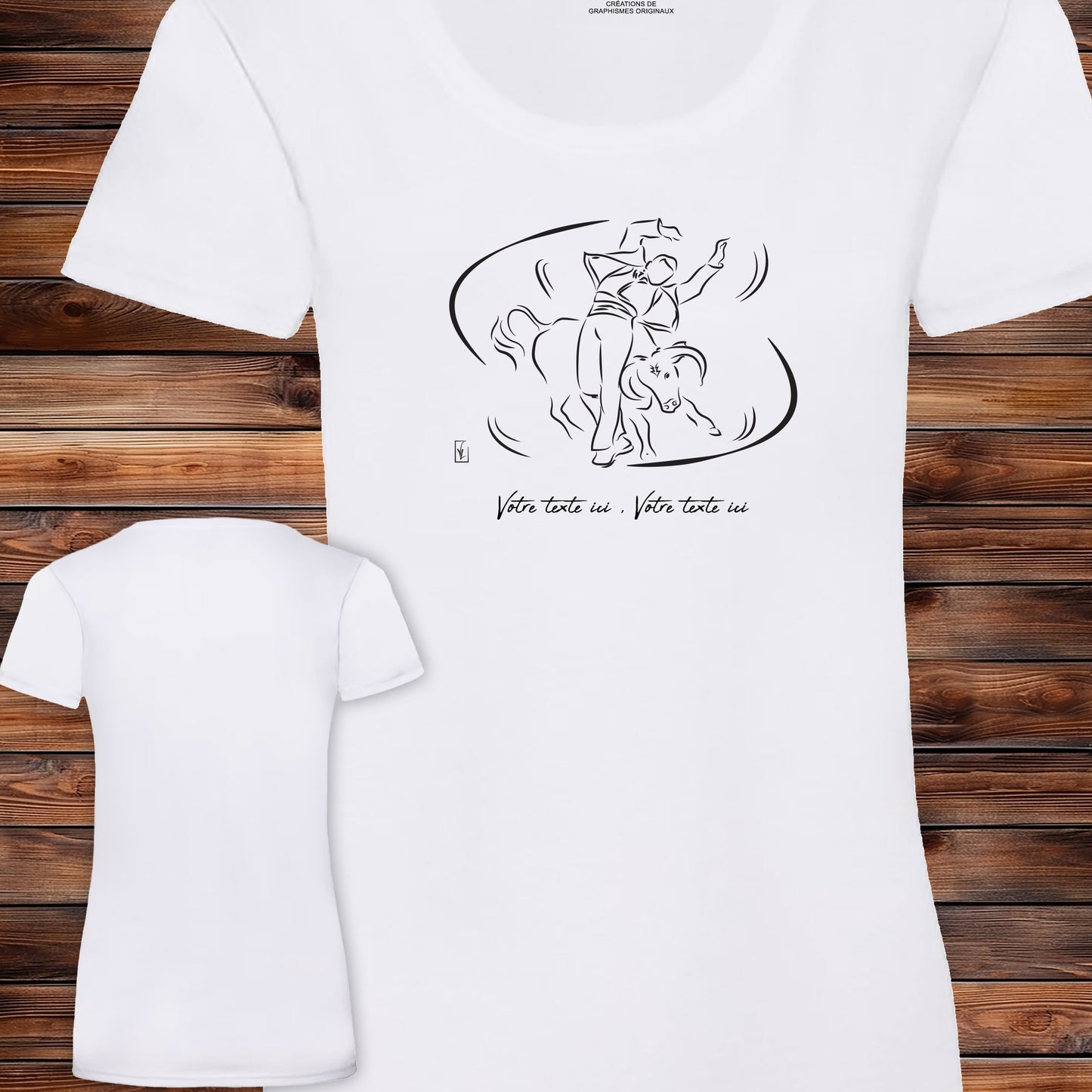 Course landaise, écarteur et vache taureau Graphisme sur T-shirt blanc femme à personnaliser avec du texte. Création Virginie Linard ©.