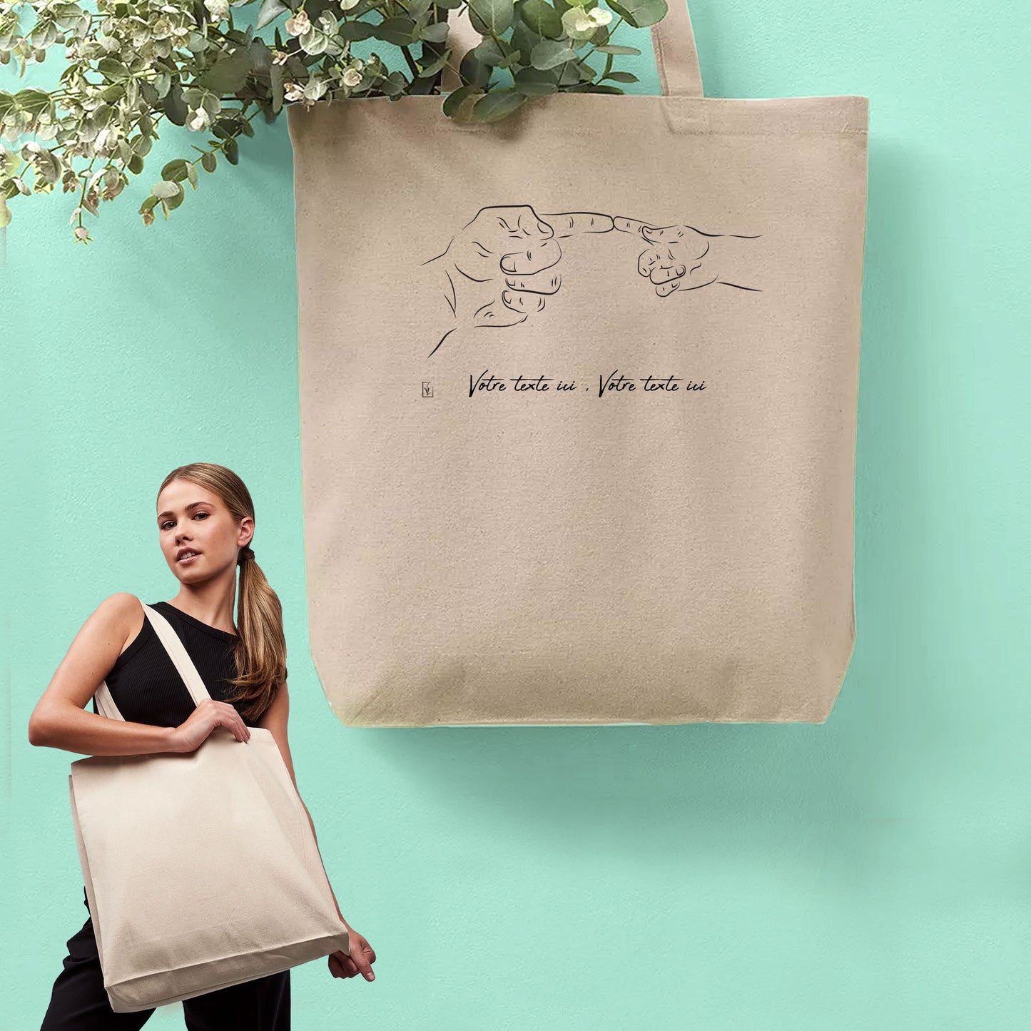 Graphisme Création d'Adam Main de dieu enfant adulte. Graphisme sur sac cabas en toile tote-bag à personnaliser avec du texte. Création Virginie Linard ©.