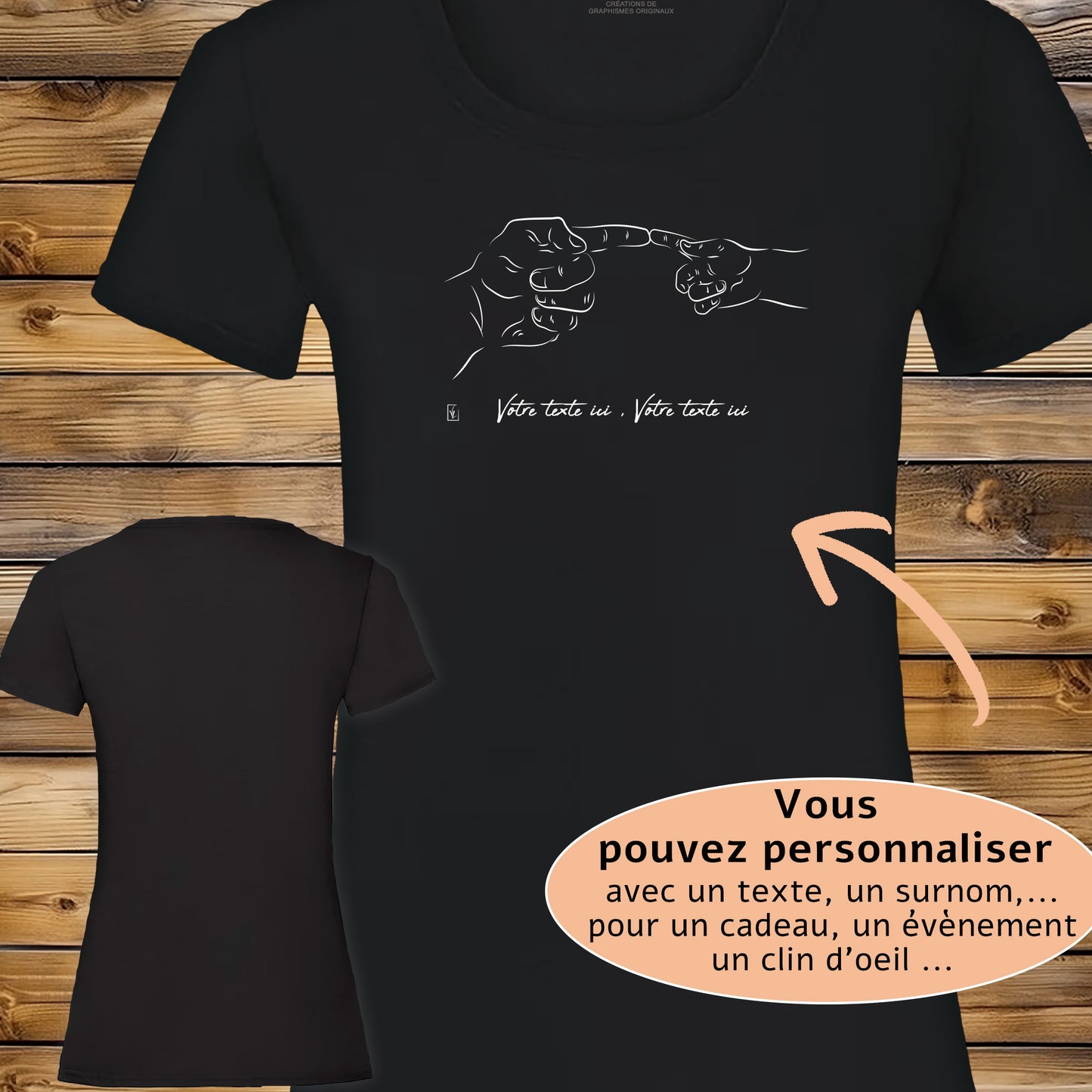 Graphisme Création d'Adam Main de dieu enfant adulte sur t-shirt à personnaliser avec du texte. Création Virginie Linard ©.