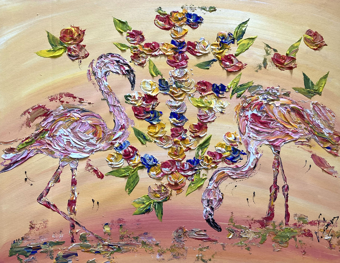 Tableau Croix de Camargue en fleurs et Flamants roses, peinture sur toile format 50x65 cm. Original unique. Création peintre Virginie Linard ©.