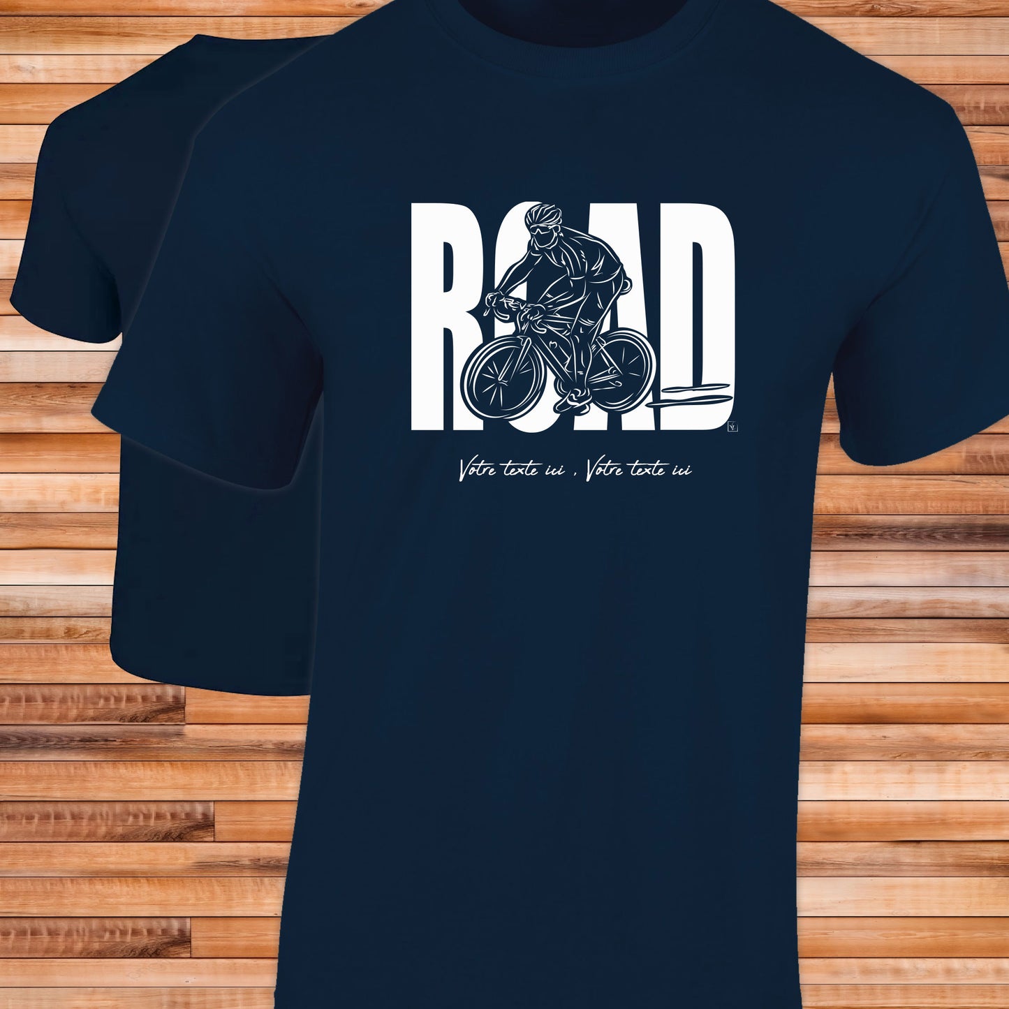 Vélo course road sur T-shirt bleu homme coton à personnaliser avec un texte. Création virginielinard.com ©